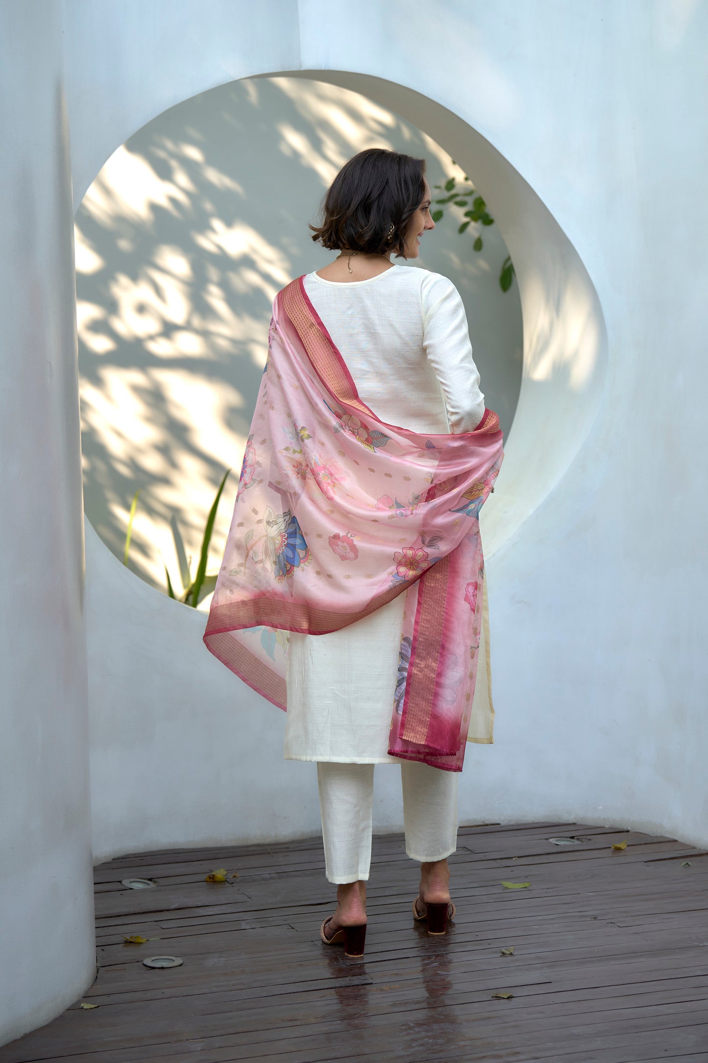 Off-White Vatican Kurta Set with Embroidered Neckline & Organza Butti Dupatta