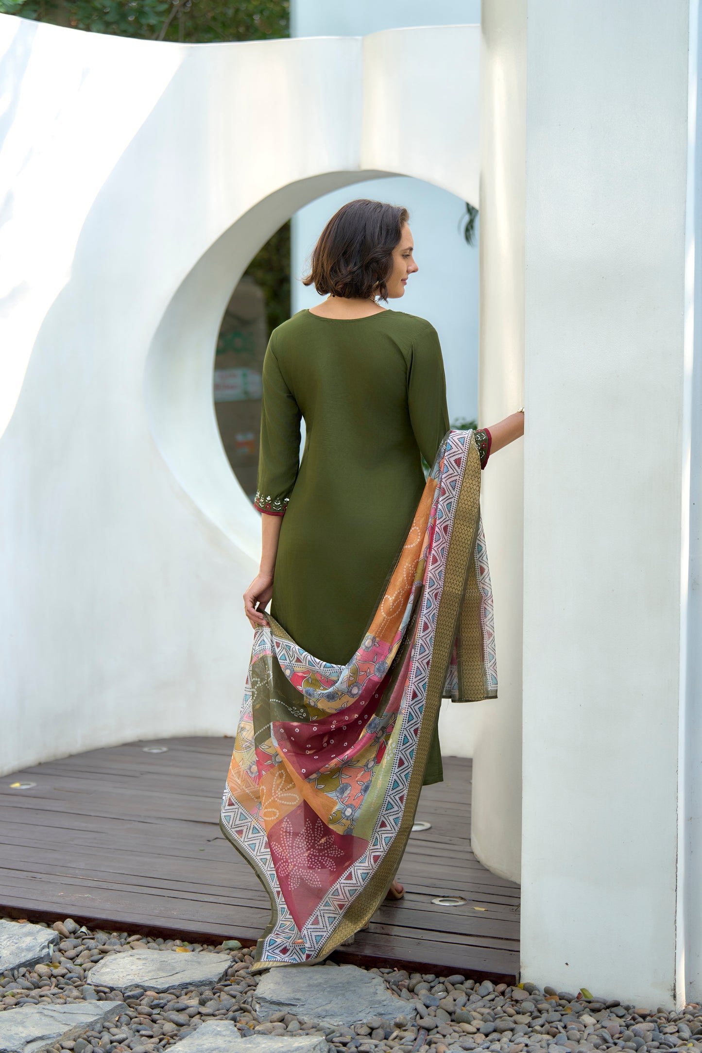 Green Vatican Kurta Set with Embroidered Neckline & Chanderi Butti Dupatta
