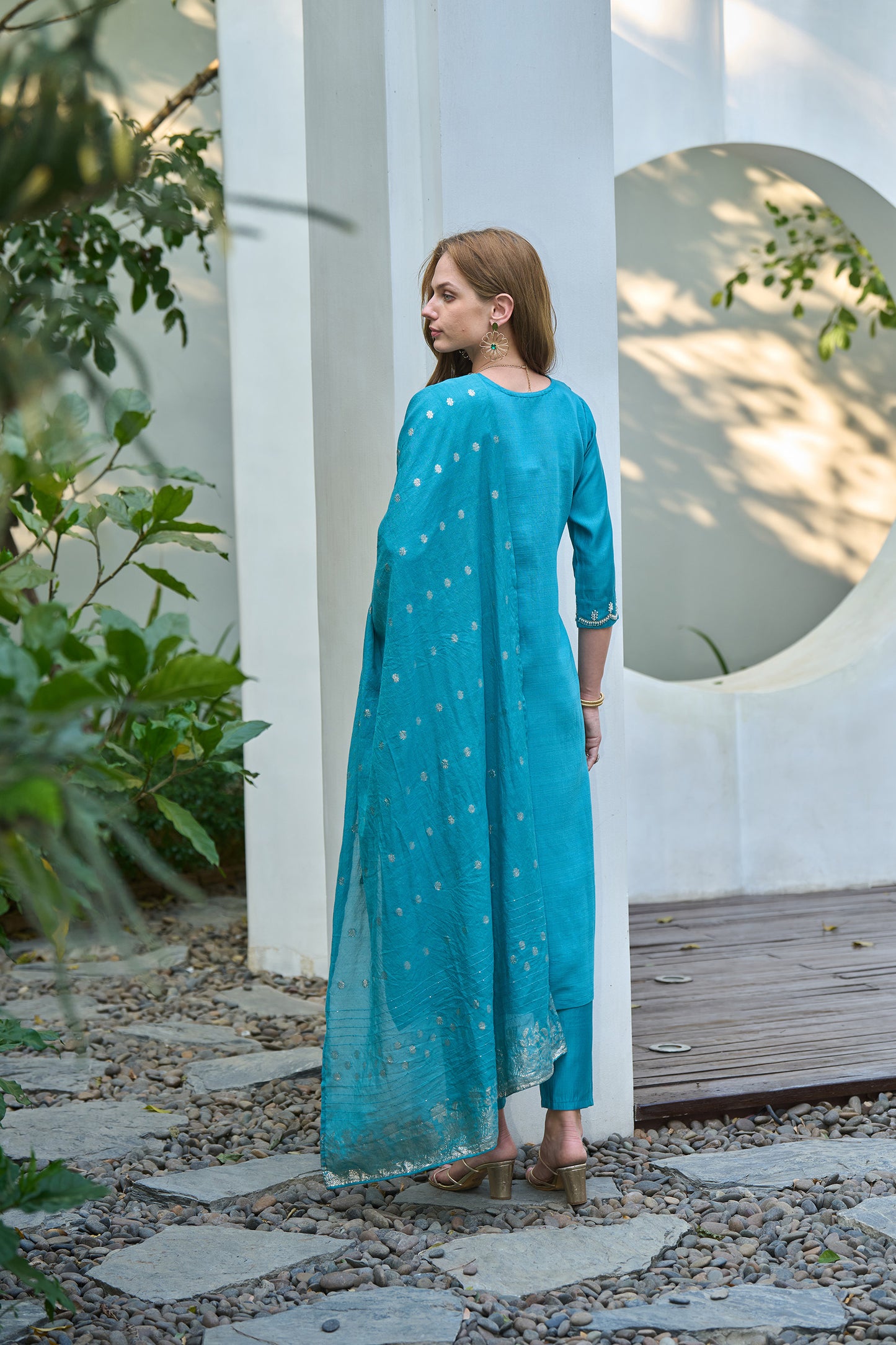 Blue Vatican Kurta Set with Embroidered Neckline & Chanderi Jacquard Dupatta