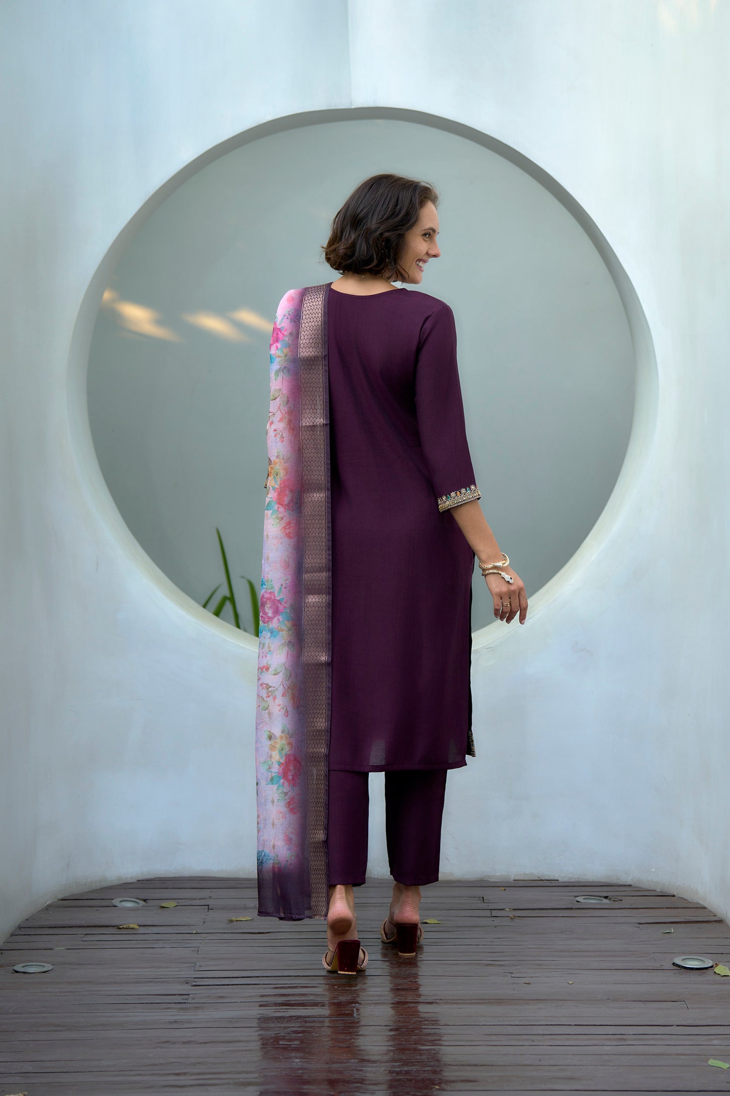 Purple Vatican Kurta Set with Embroidered Neckline & Chanderi Butti Dupatta