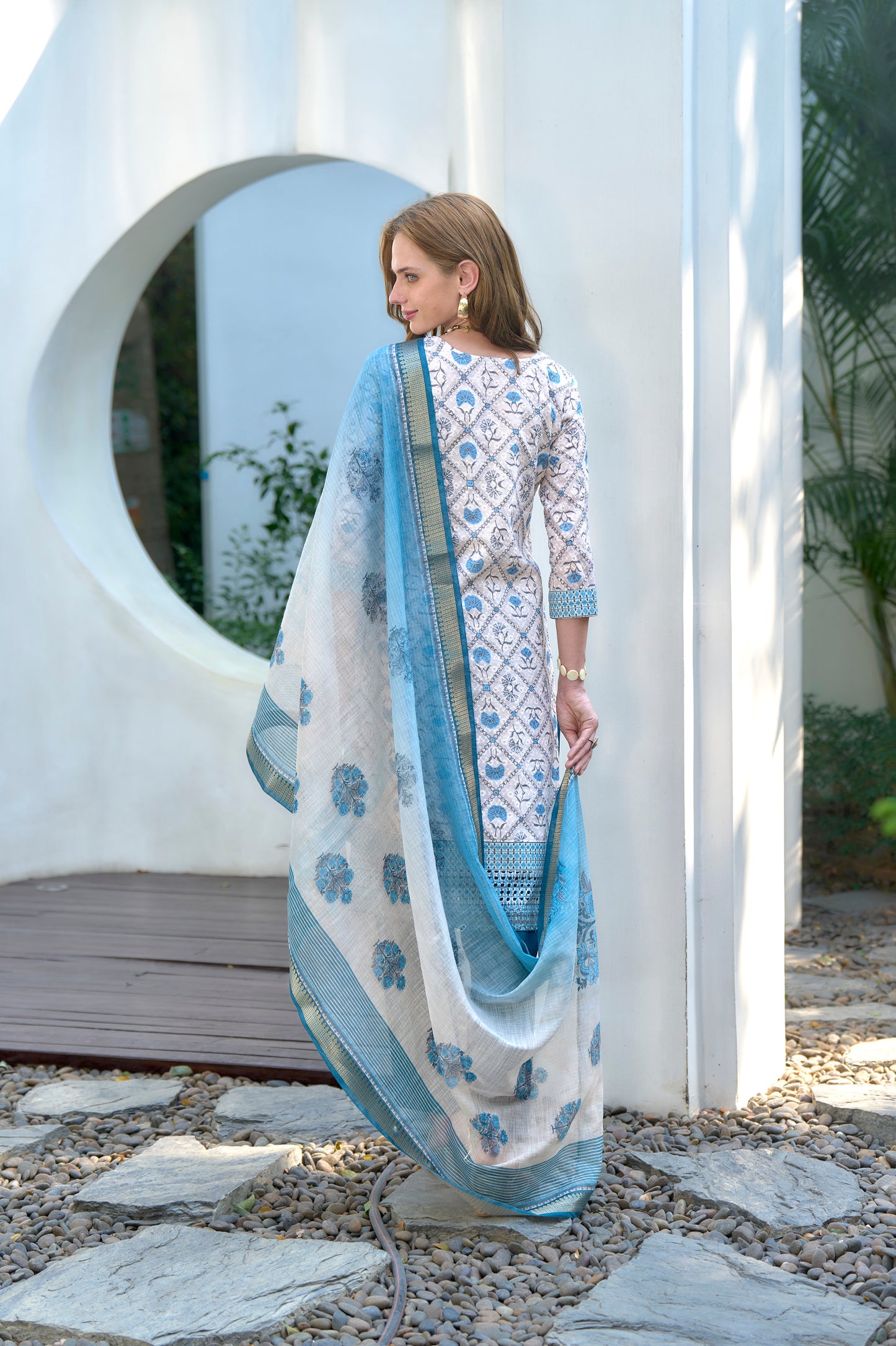 White Cotton Printed Kurta Set with Embroidered Neck & Linen Dupatta