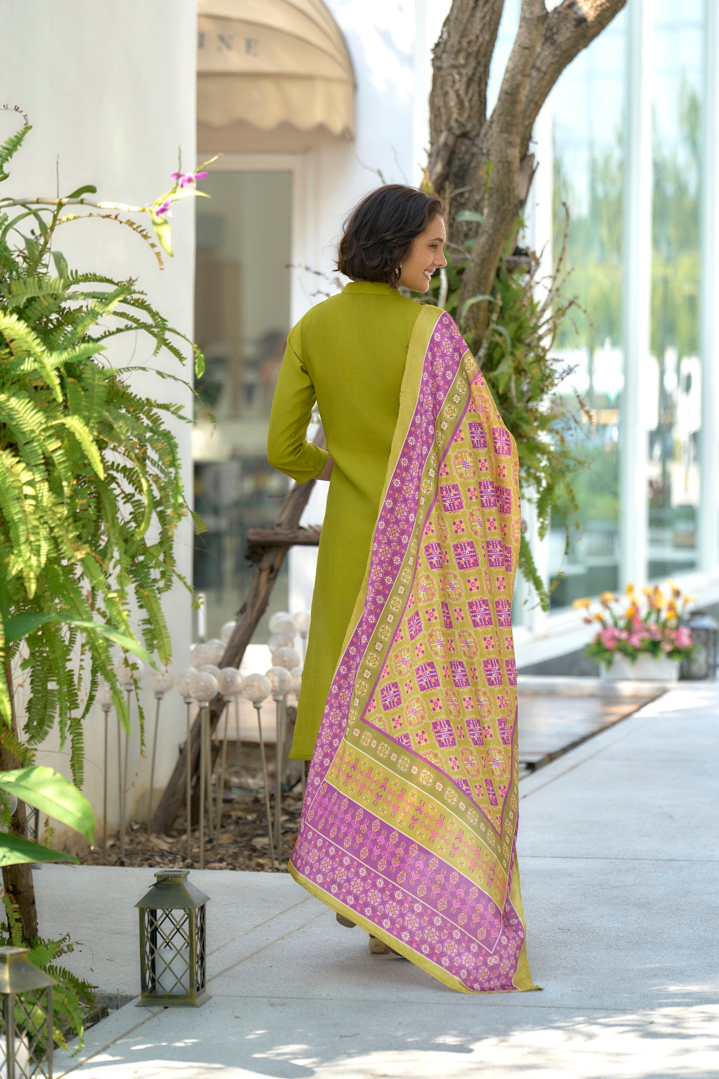 Mehendi Green Vatican Kurta Set with Embroidered Neckline and Chinnon Dupatta