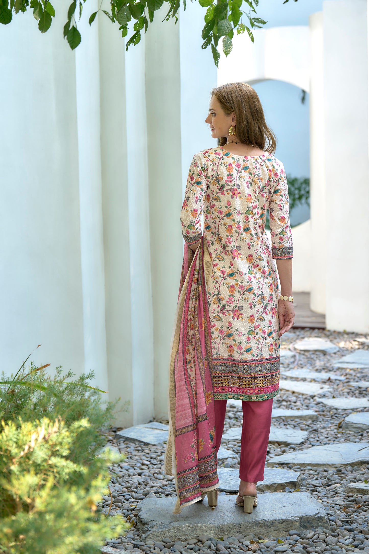 White & Pink Printed Cotton Kurta Set with Embroidered Neckline and Linen Dupatta