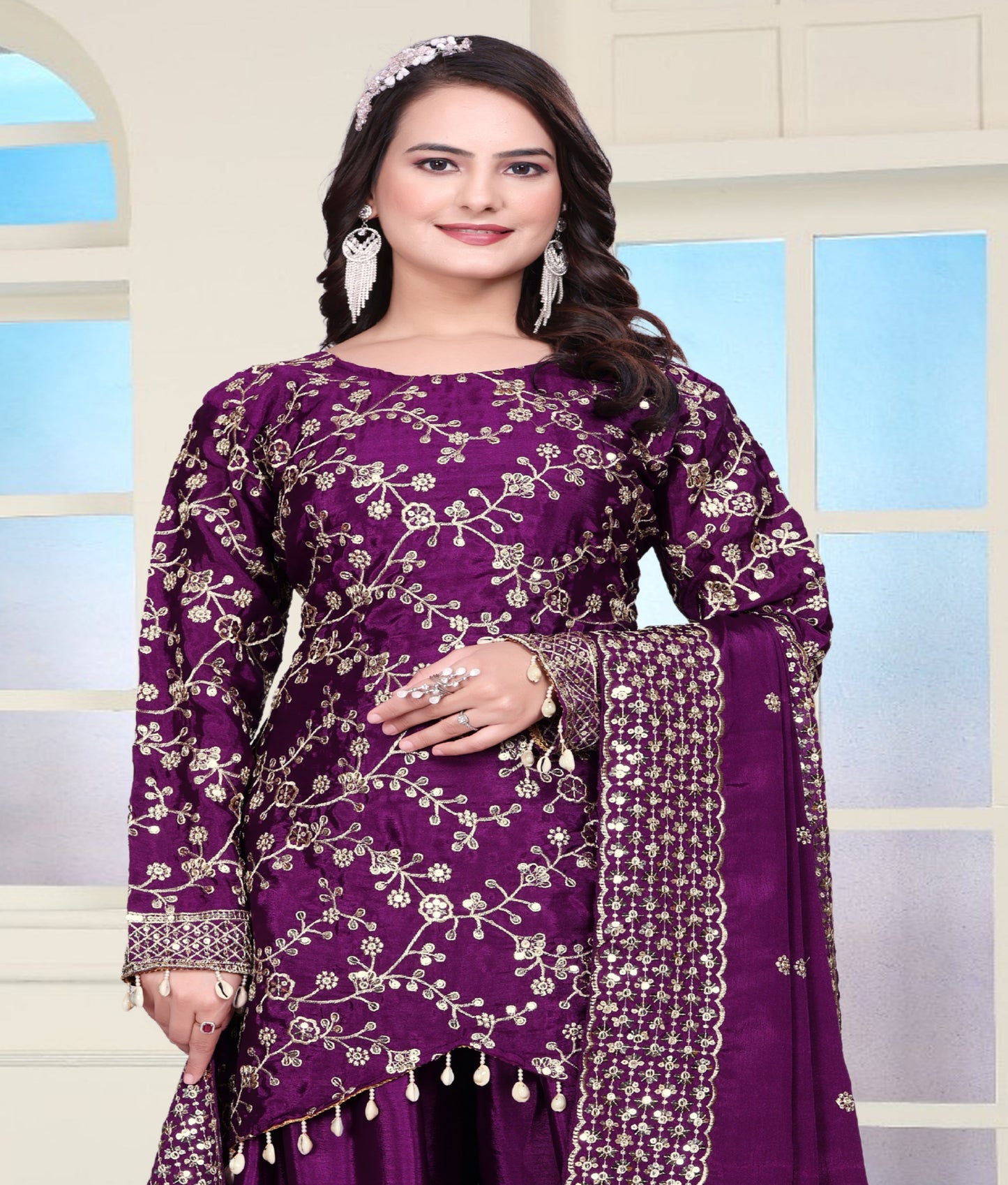 Chinon Sequence Embroidered Sharara Suit with Real Kodi Lace Border