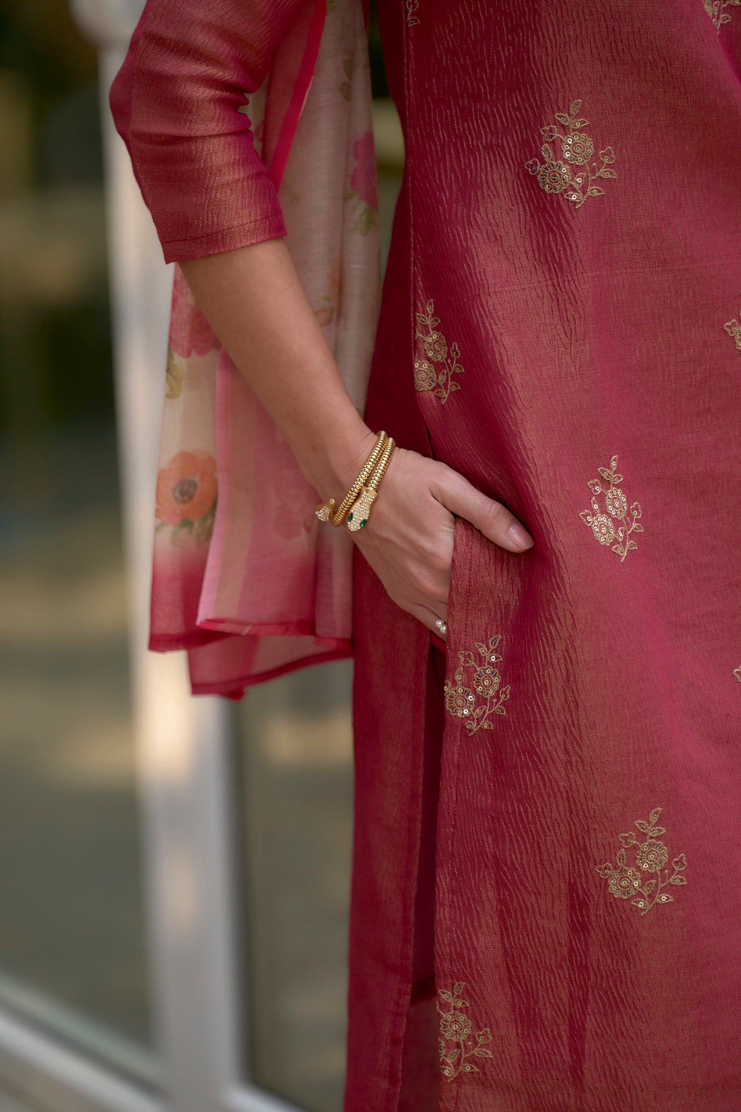Pink Tissue Kurta Set with Embroidered Neckline & Coordinated Dupatta