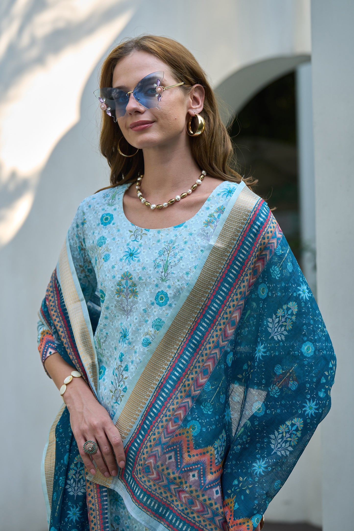 Sky Blue Cotton Printed Kurta Set with Embroidered Neckline & Linen Dupatta