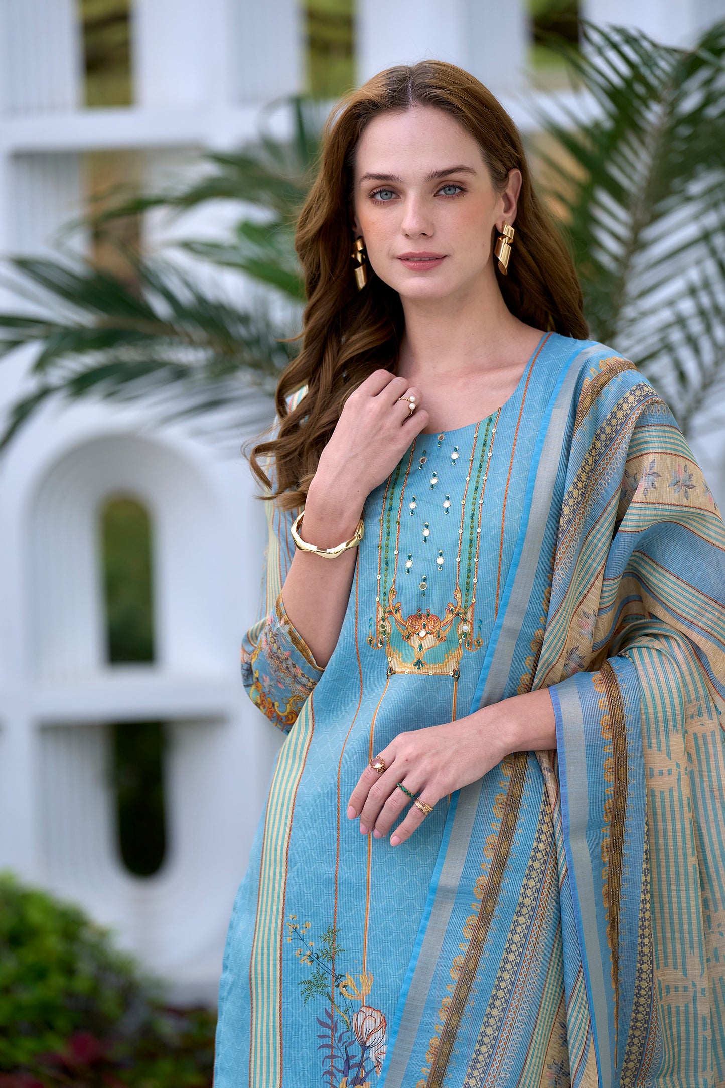 Graceful Sky Blue Silk Blend Kurta Set with Embroidered Neckline & Dupatta