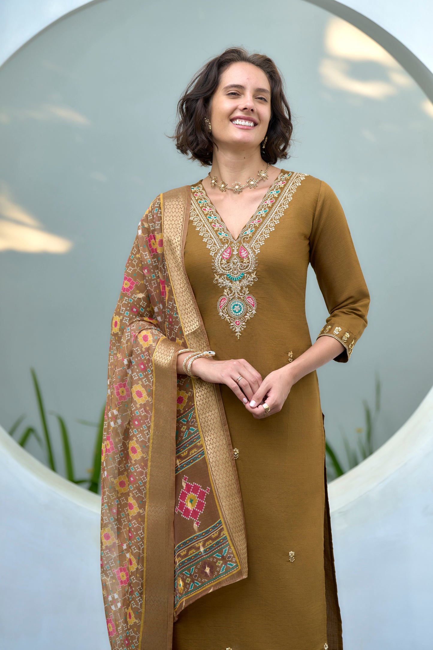 Brown Vatican Kurta Set with Embroidered Neckline & Chanderi Butti Dupatta