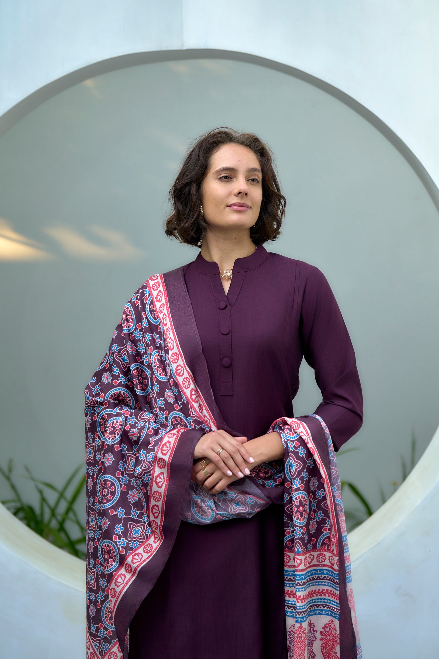 Wine Vatican Kurta Set with Embroidered Neckline and Chinnon Dupatta