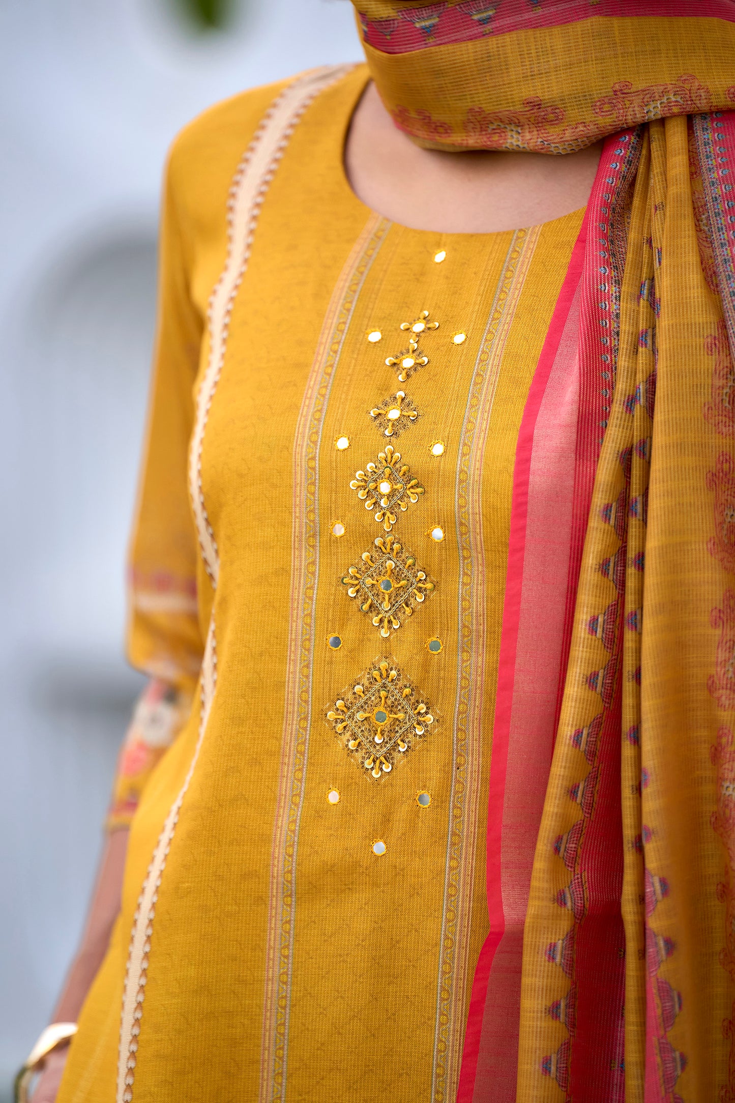 Vibrant Yellow Silk Blend Kurta Set with Embroidered Neckline & Dupatta
