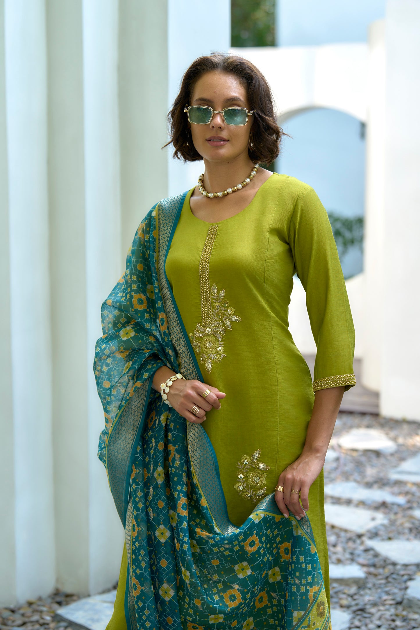 Lime Green Vatican Kurta Set with Embroidered Neckline & Chanderi Butti Dupatta