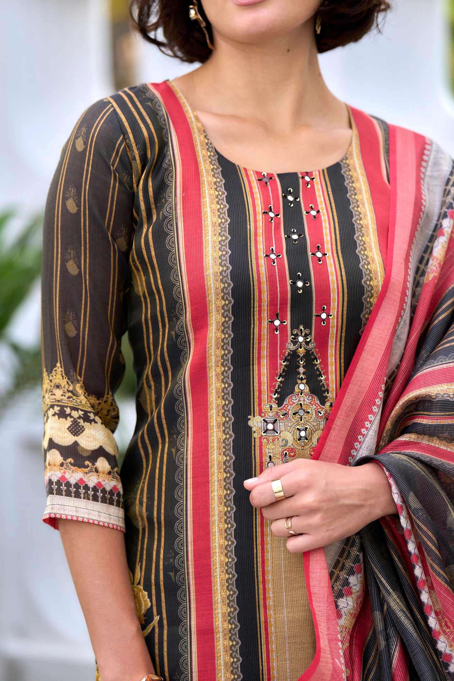 Elegant Black Silk Blend Kurta Set with Embroidered Neckline & Dupatta