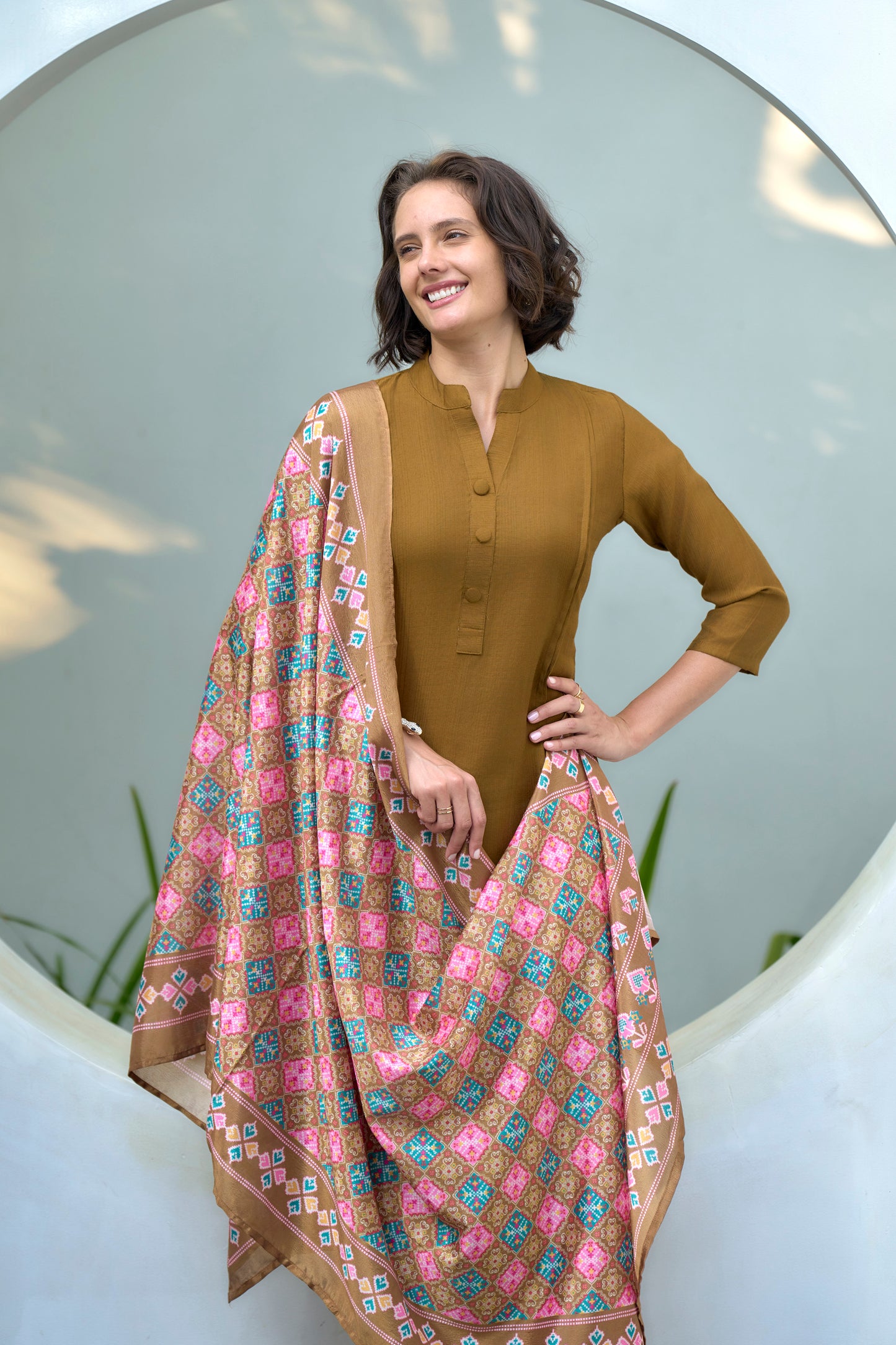 Mustard Yellow Vatican Kurta Set with Embroidered Neckline & Chinnon Dupatta