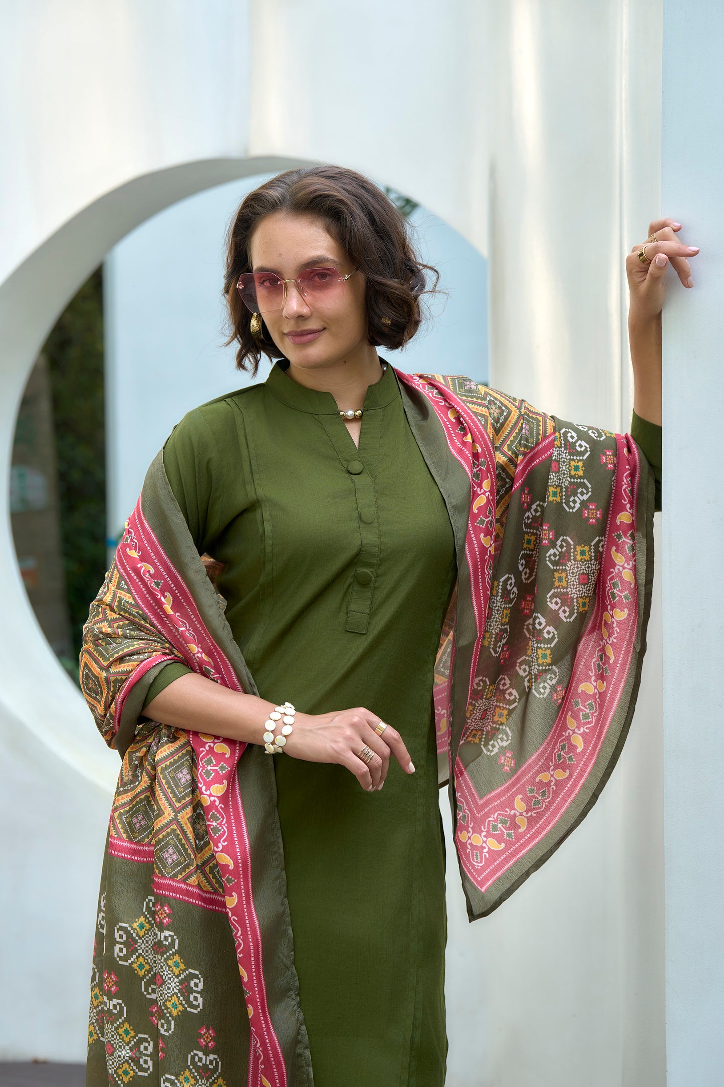 Green Vatican Kurta Set with Embroidered Neckline & Chinnon Dupatta