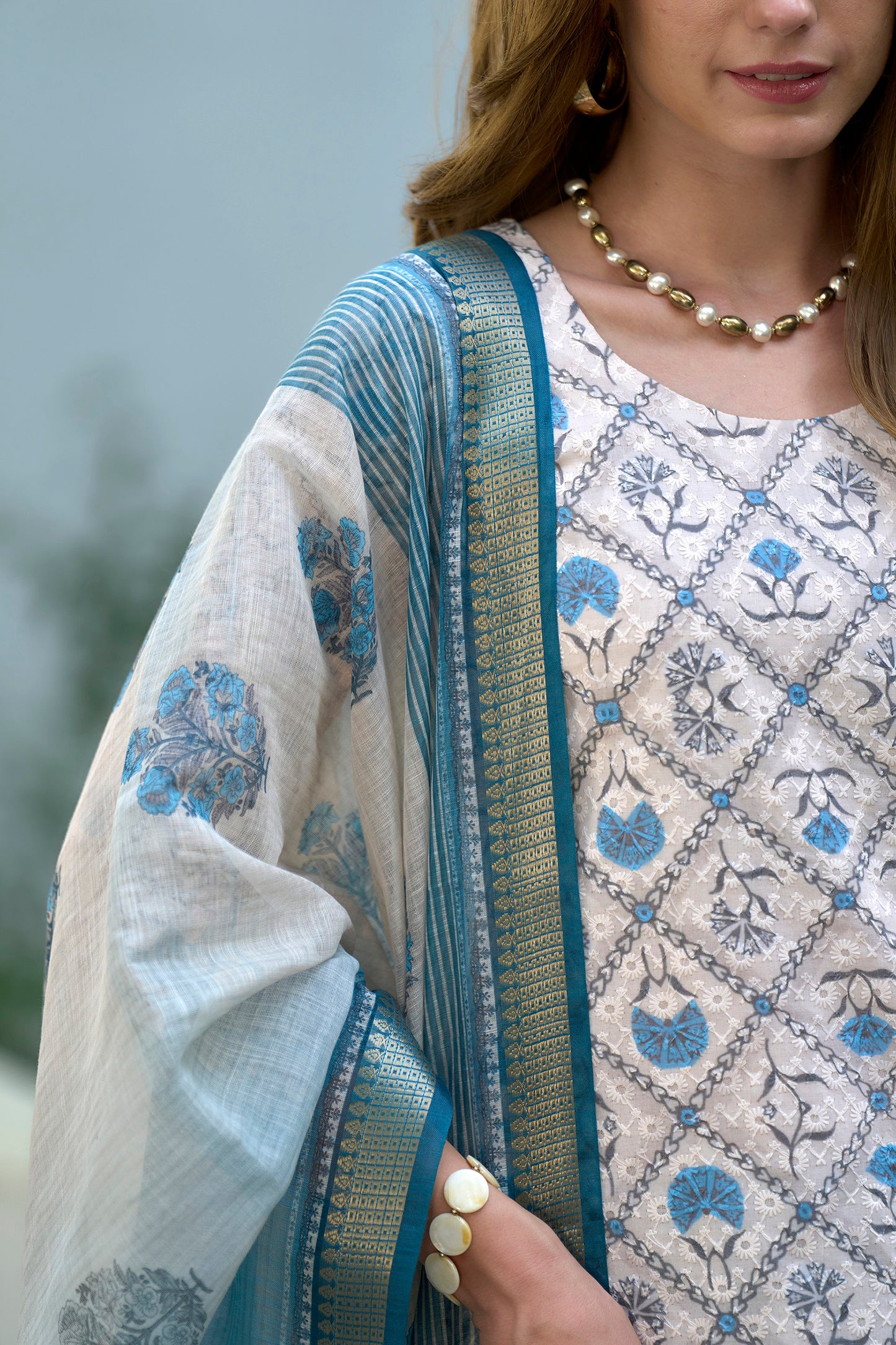 White Cotton Printed Kurta Set with Embroidered Neck & Linen Dupatta