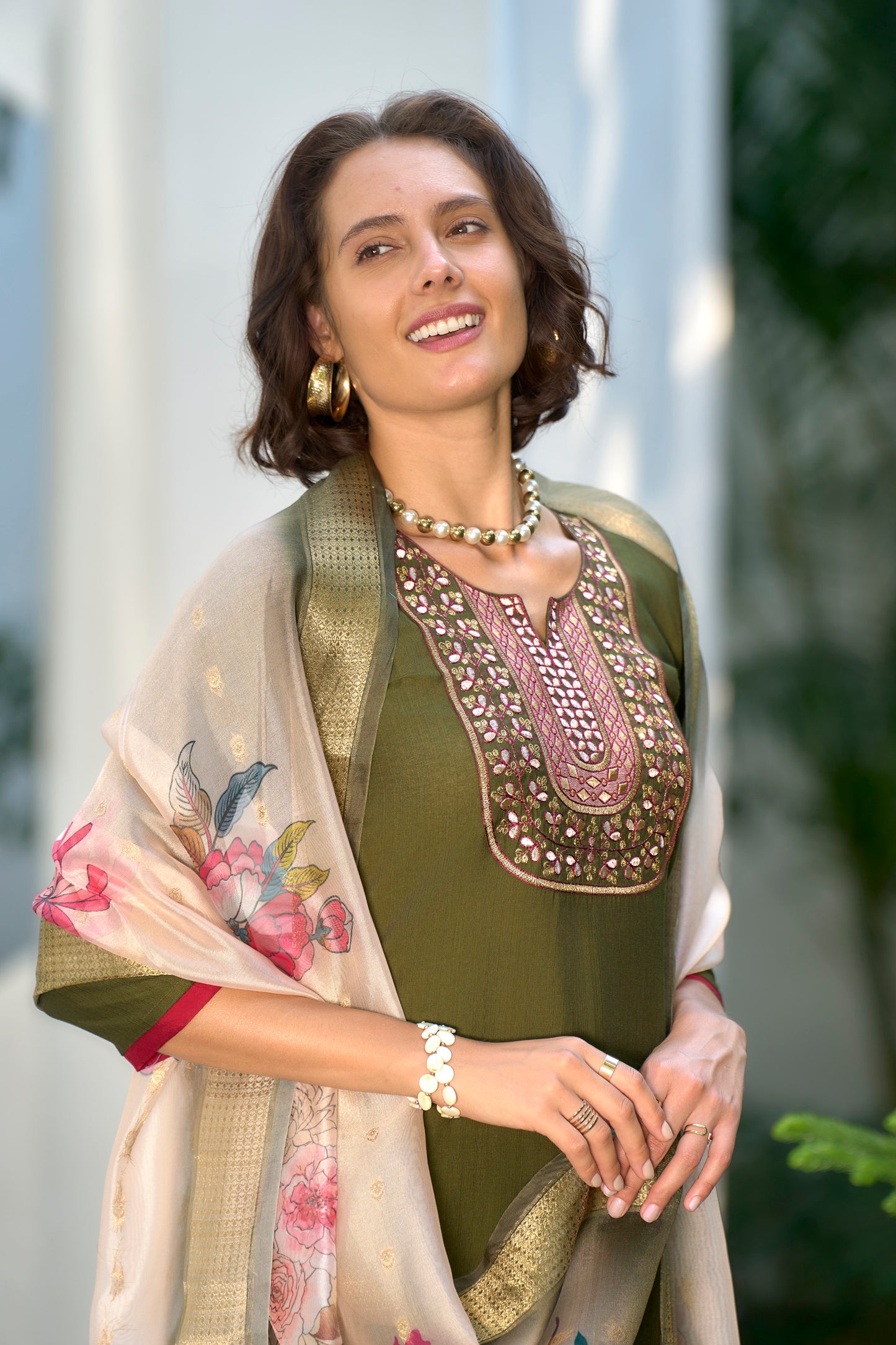 Mehendi Green Vatican Kurta Set with Embroidered Neckline & Organza Butti Dupatta