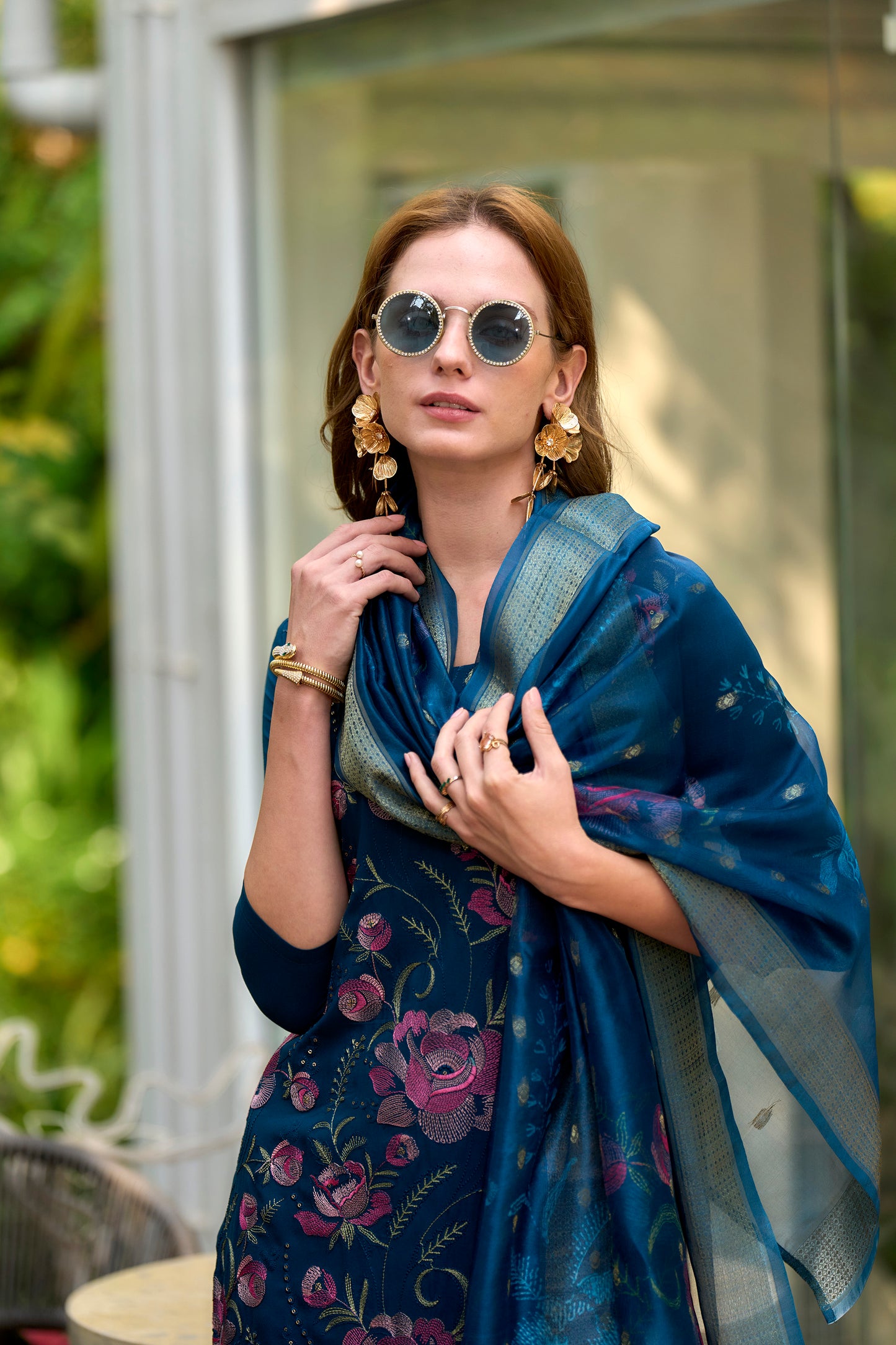 Firozi Blue Rayon Kurta Set with Embroidered Neckline & Organza Butti Dupatta