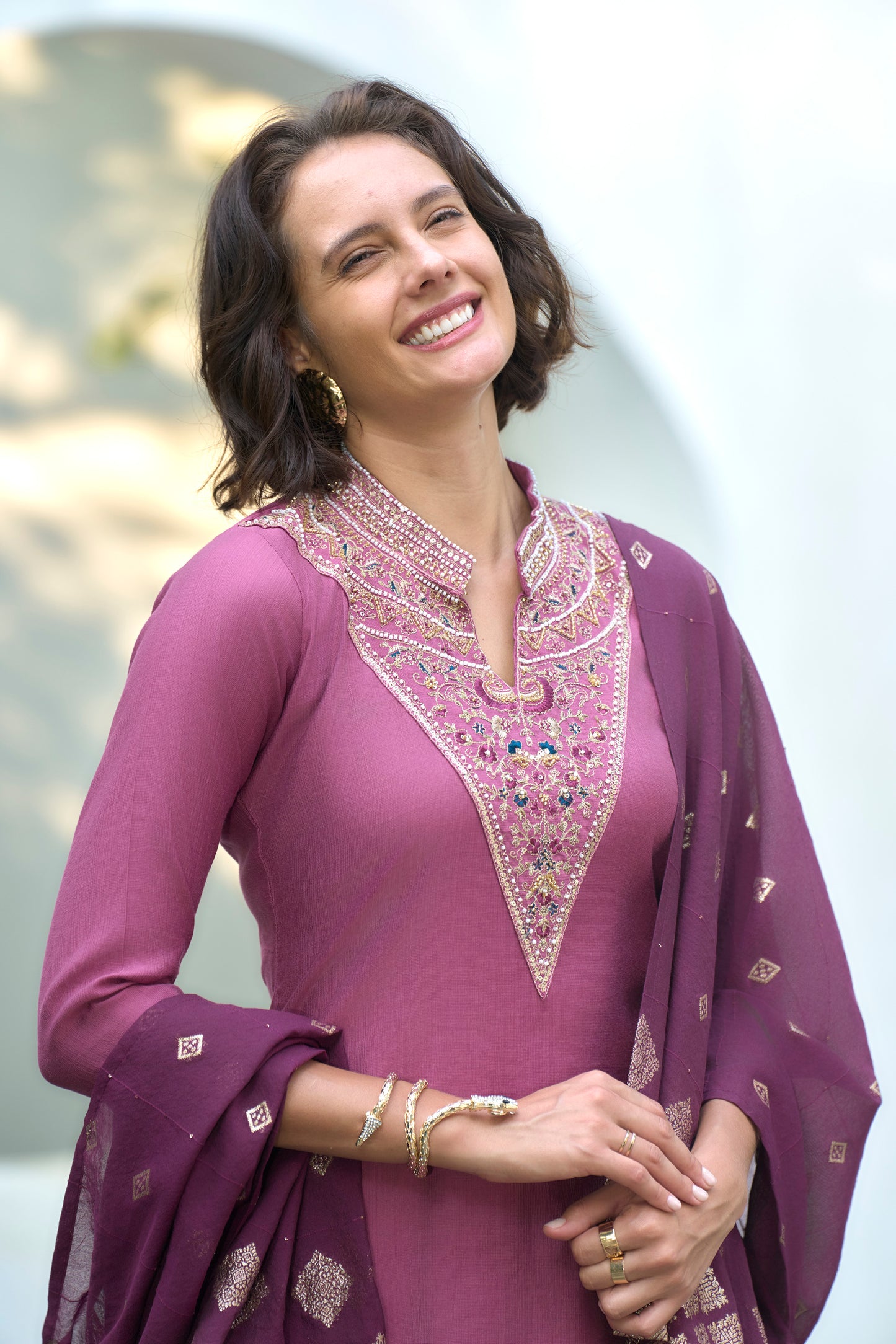 Pink Vatican Kurta Set with Embroidered Neckline & Chanderi Jacquard Dupatta
