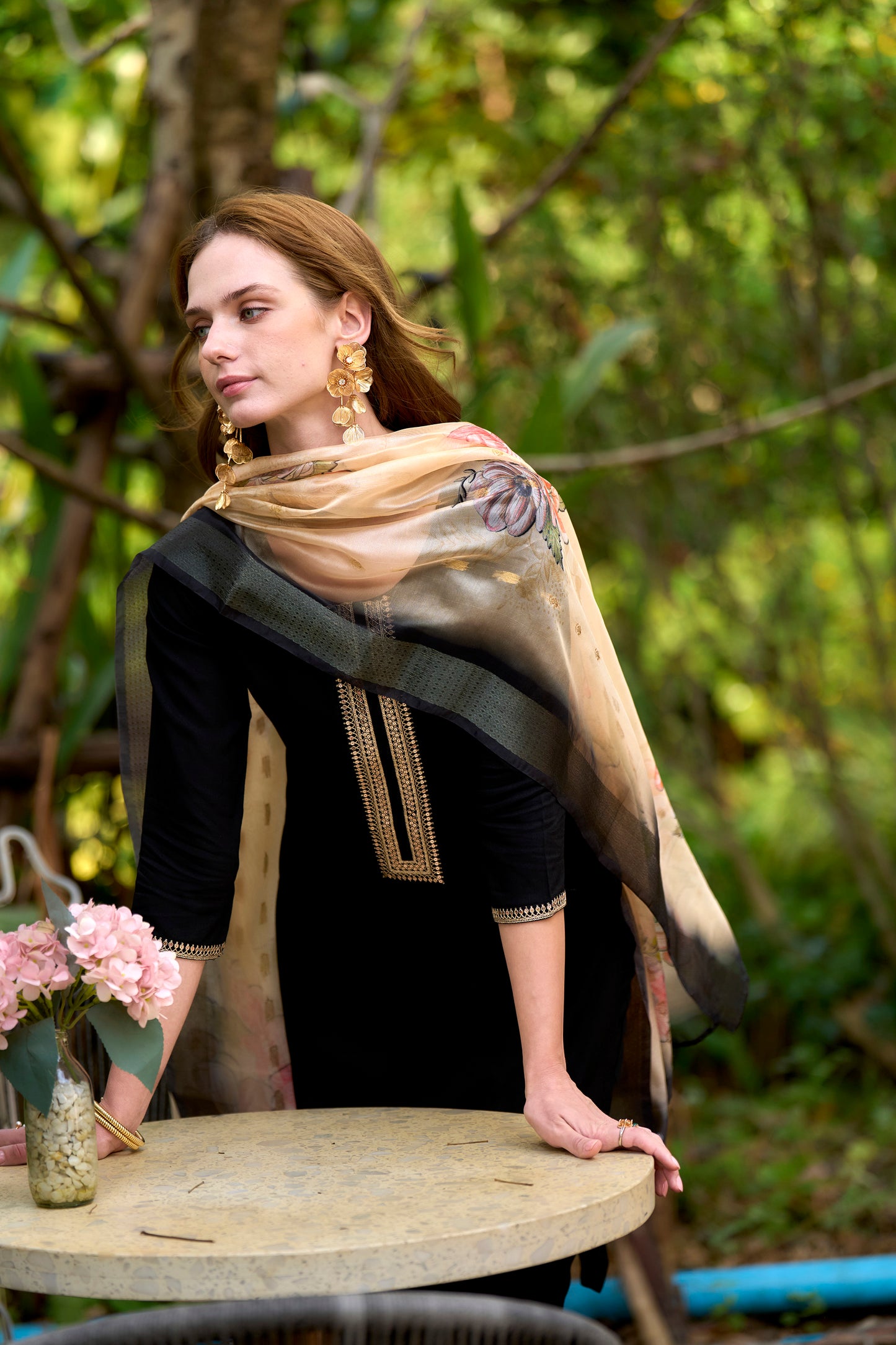 Black Embroidered Viscose-Rayon Kurta Set with Printed Organza Dupatta