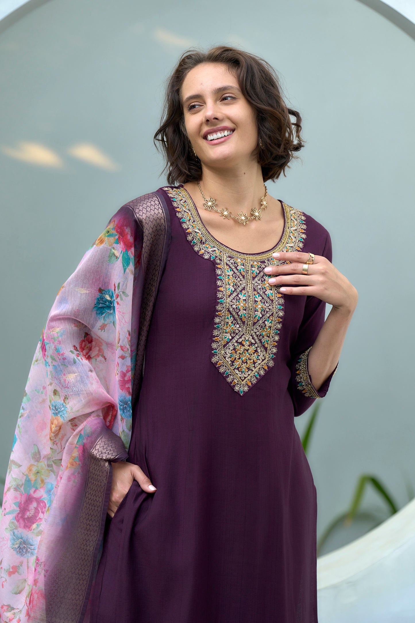 Purple Vatican Kurta Set with Embroidered Neckline & Chanderi Butti Dupatta
