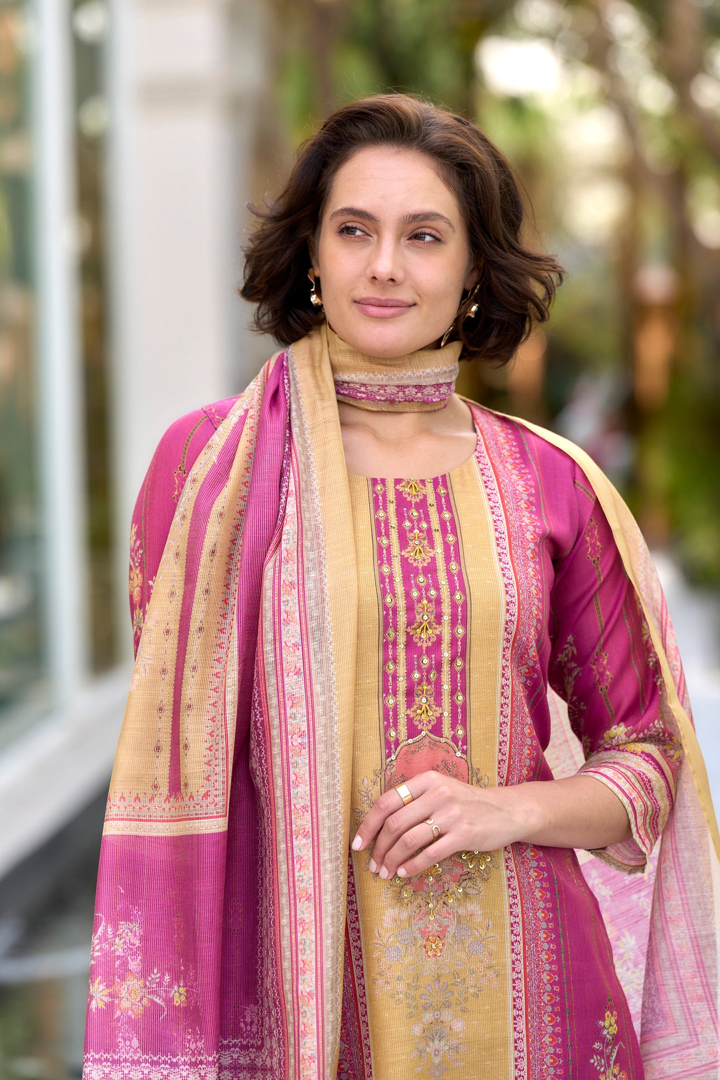 Pink Silk Blend Kurta Set with Embroidered Neckline & Matching Dupatta