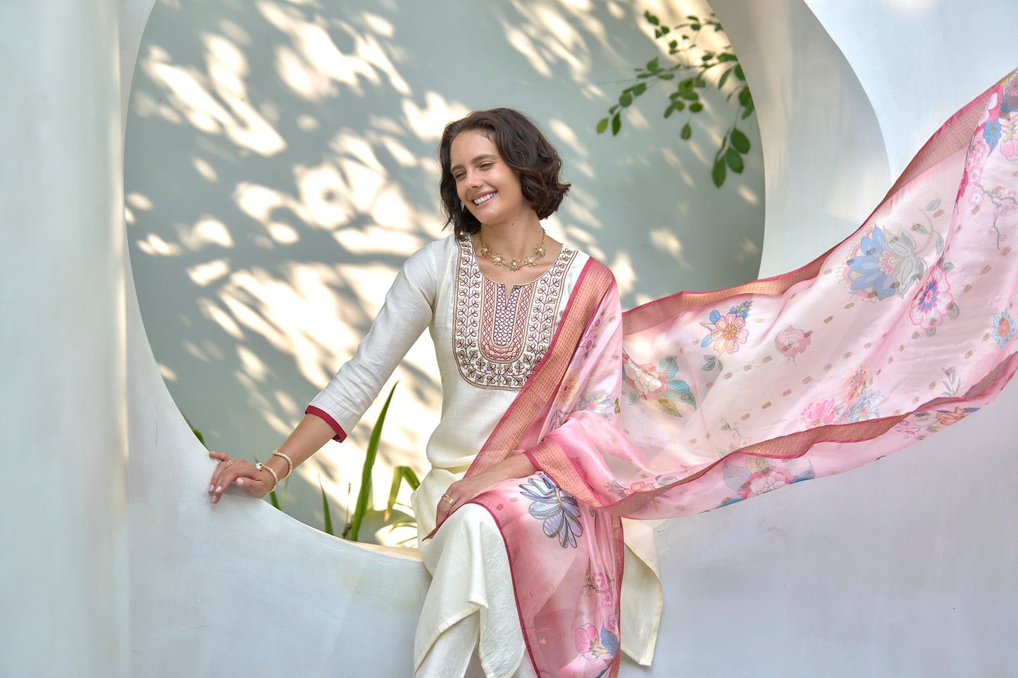 Off-White Vatican Kurta Set with Embroidered Neckline & Organza Butti Dupatta
