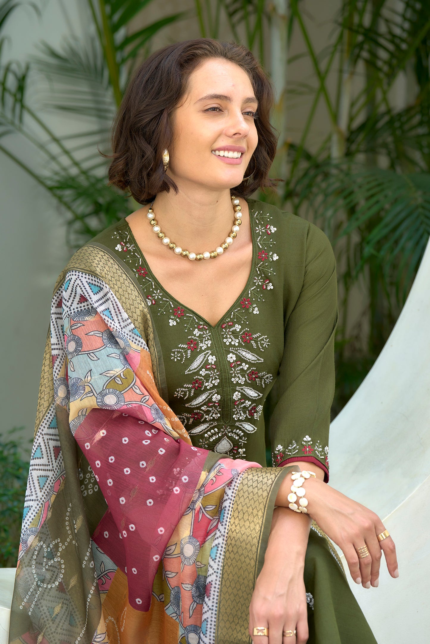 Green Vatican Kurta Set with Embroidered Neckline & Chanderi Butti Dupatta