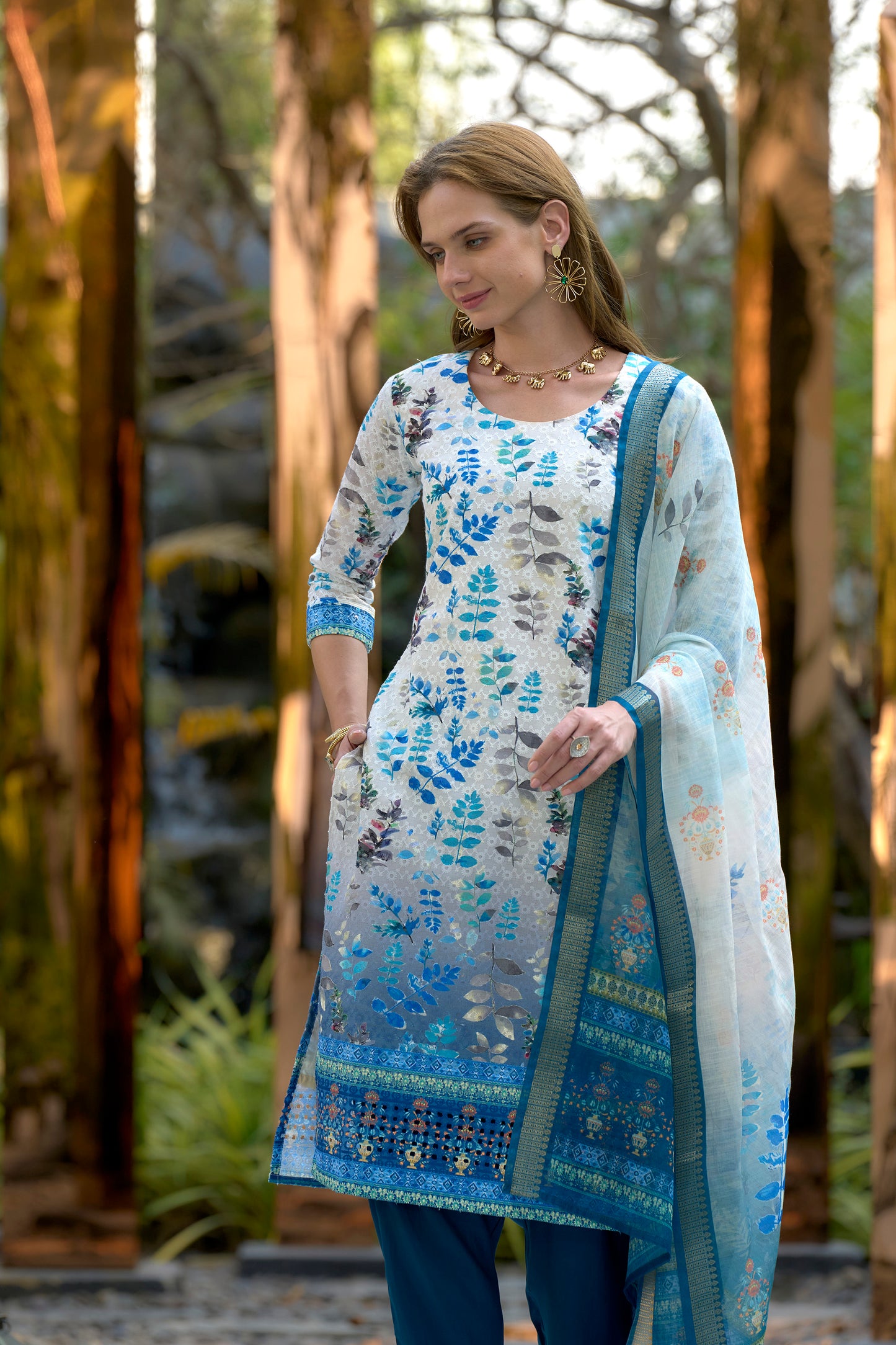 White & Blue Printed Cotton Kurta Set with Embroidered Neckline and Linen Dupatta