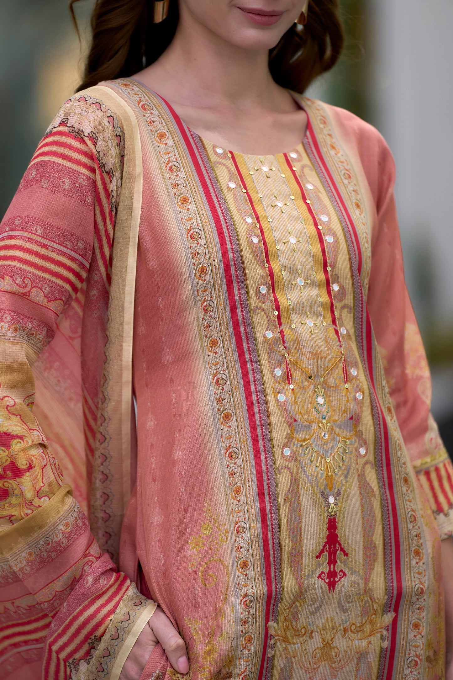 Elegant Peach Silk Blend Kurta Set with Embroidered Neckline & Dupatta