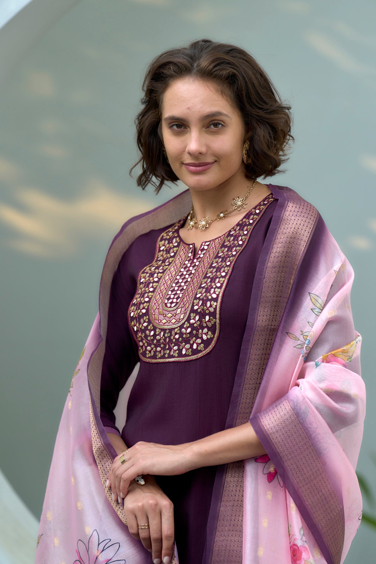 Purple Vatican Kurta Set with Embroidered Neckline & Organza Butti Dupatta