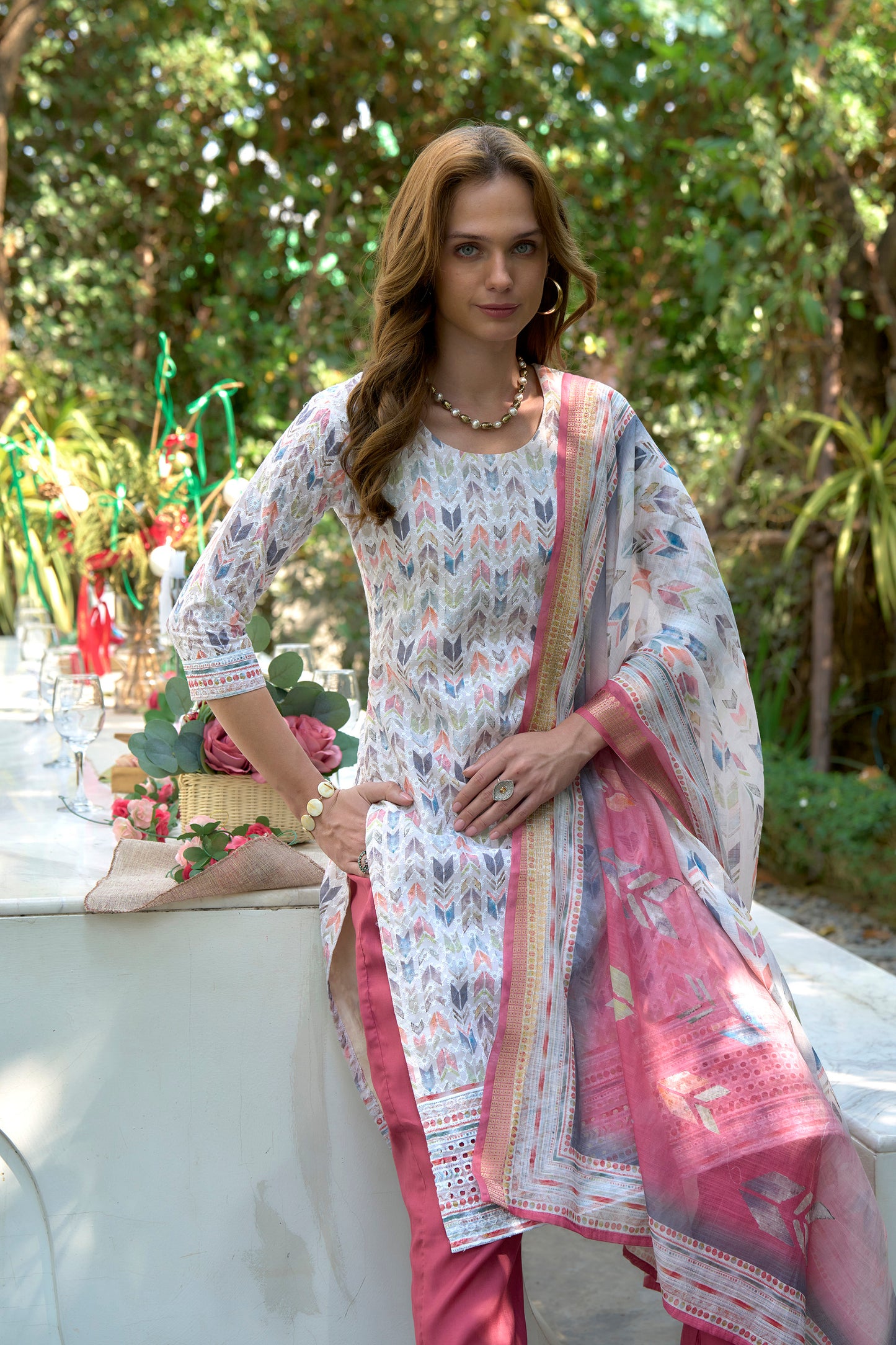 White Cotton Printed Kurta Set with Embroidered Neck & Linen Dupatta