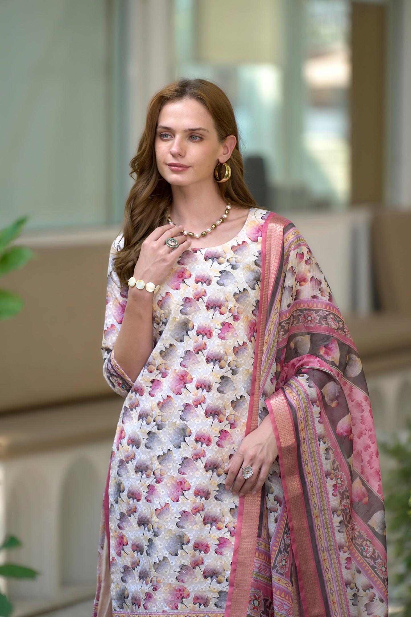 White & Pink Cotton Printed Kurta Set with Embroidered Neckline & Linen Dupatta