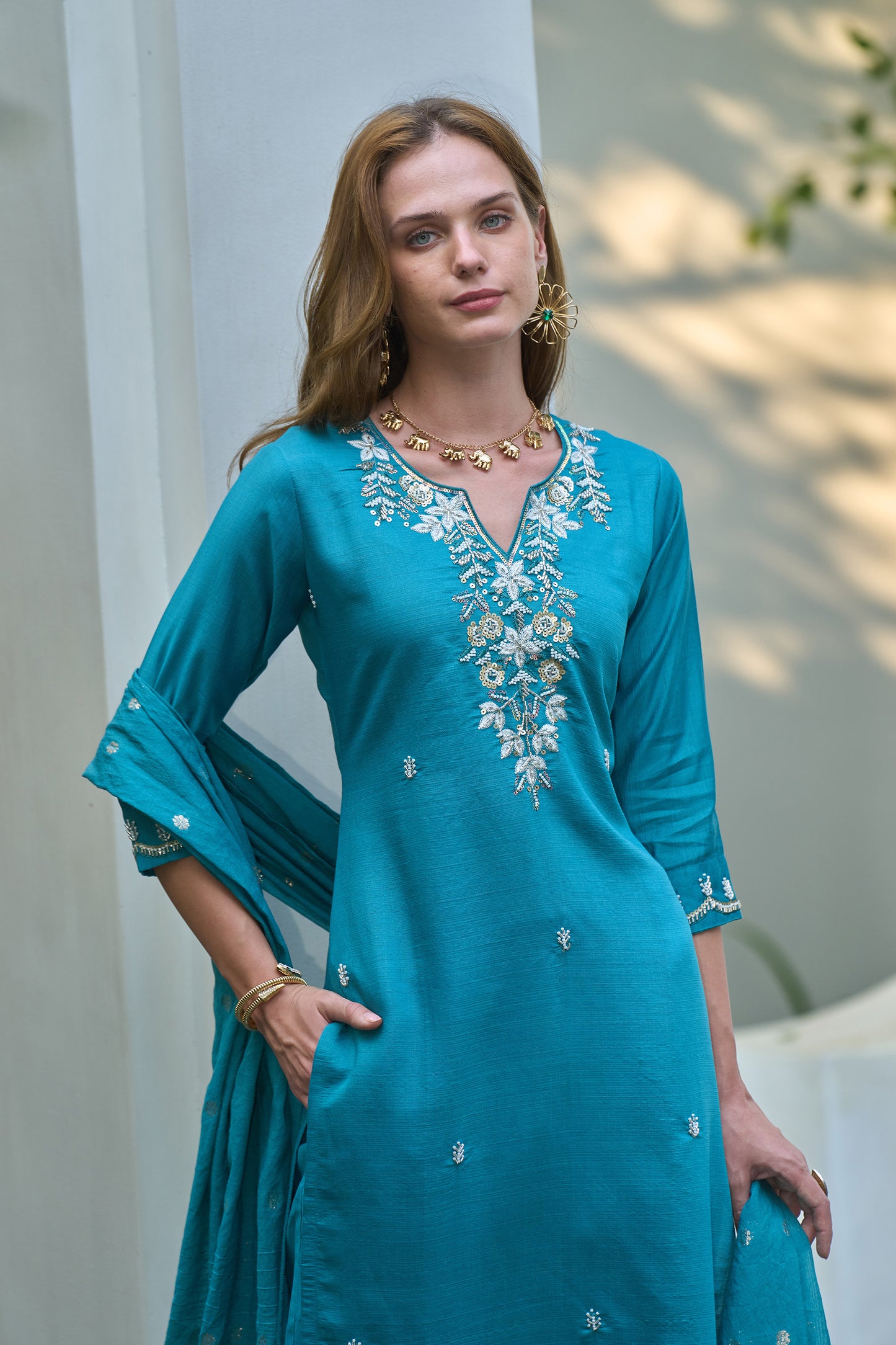 Blue Vatican Kurta Set with Embroidered Neckline & Chanderi Jacquard Dupatta