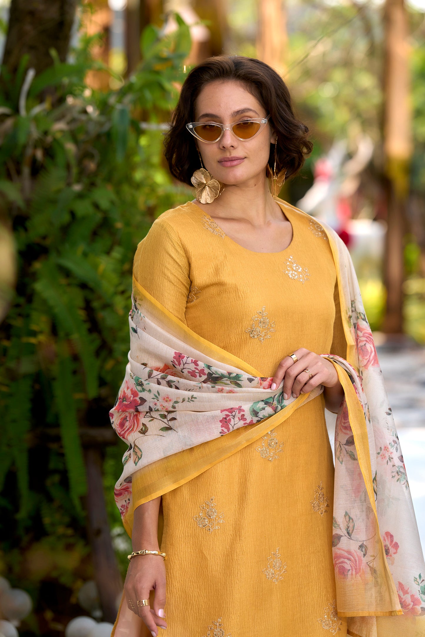 Yellow Tissue Kurta Set with Embroidered Neckline & Coordinated Dupatta