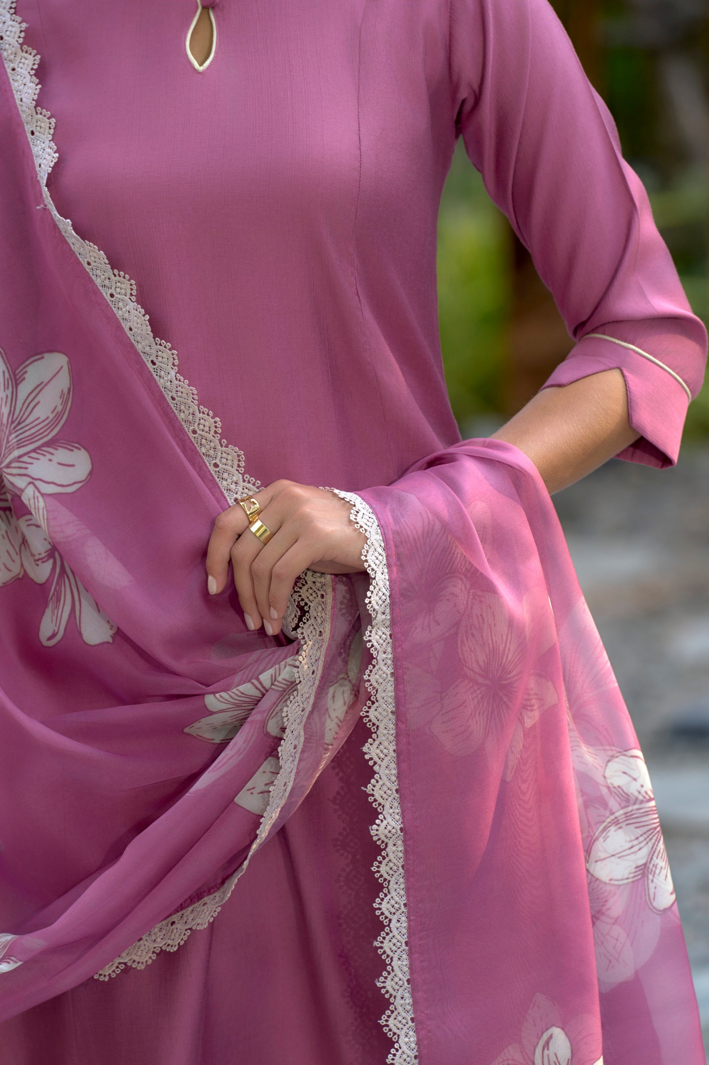Pink Vatican Kurta Set with Embroidered Neckline and Organza Dupatta