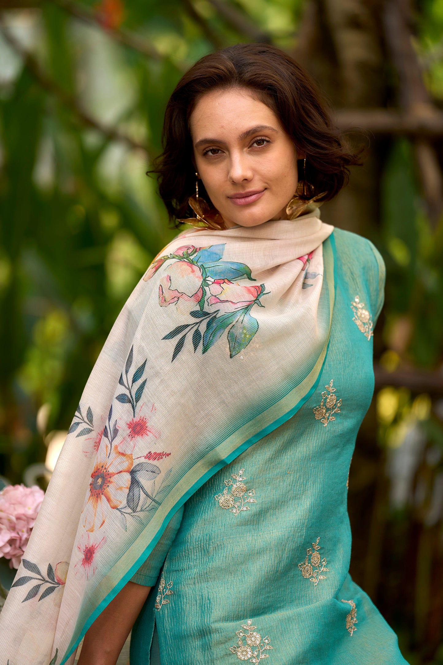 Bottle Green Tissue Kurta Set with Embroidered Neckline & Matching Dupatta