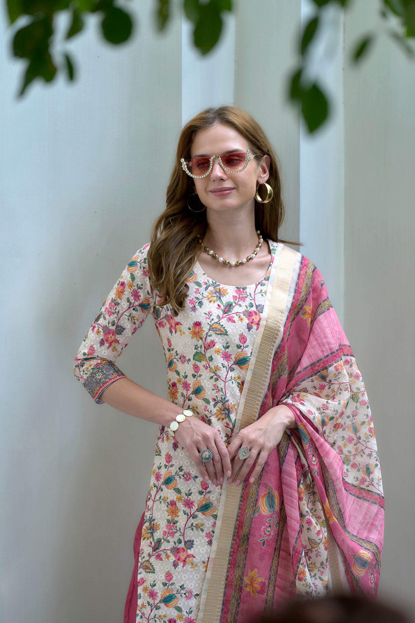 White & Pink Printed Cotton Kurta Set with Embroidered Neckline and Linen Dupatta