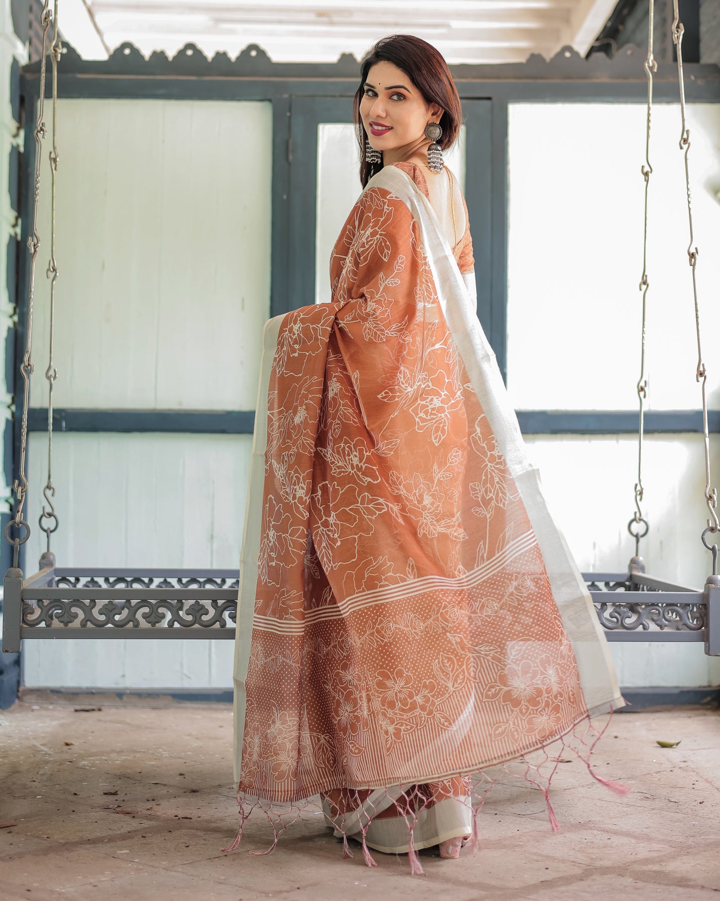 Pure Brown Linen Saree with Tassels