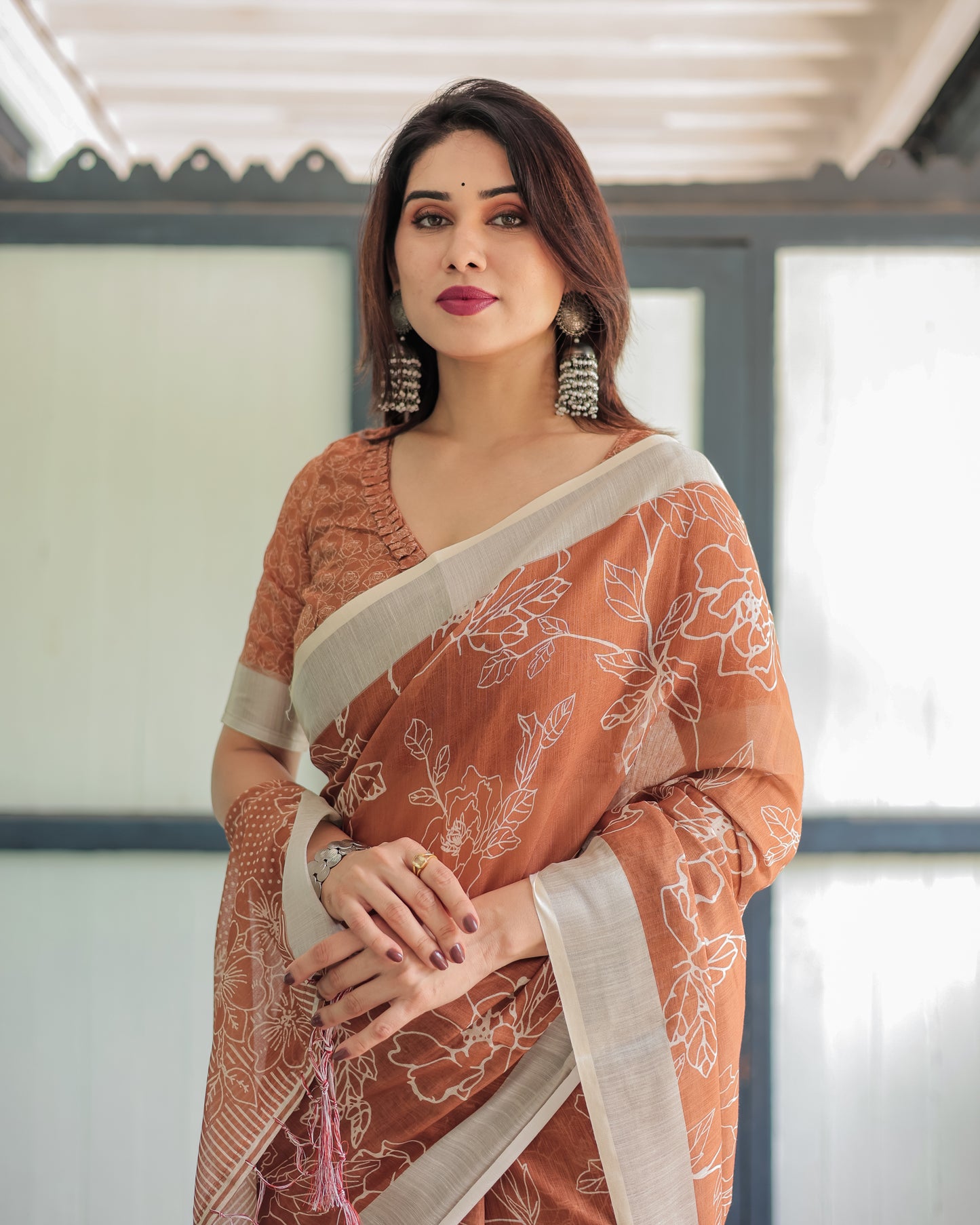 Pure Brown Linen Saree with Tassels