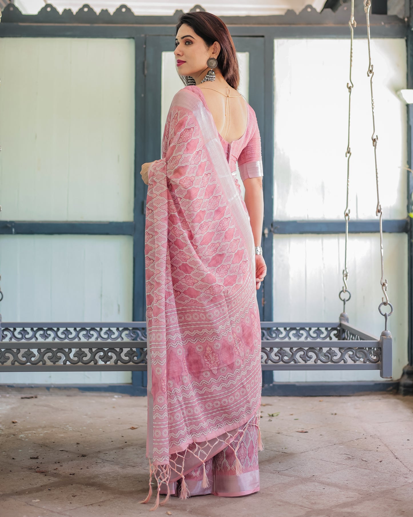 Pure Pink Linen Saree with Tassels