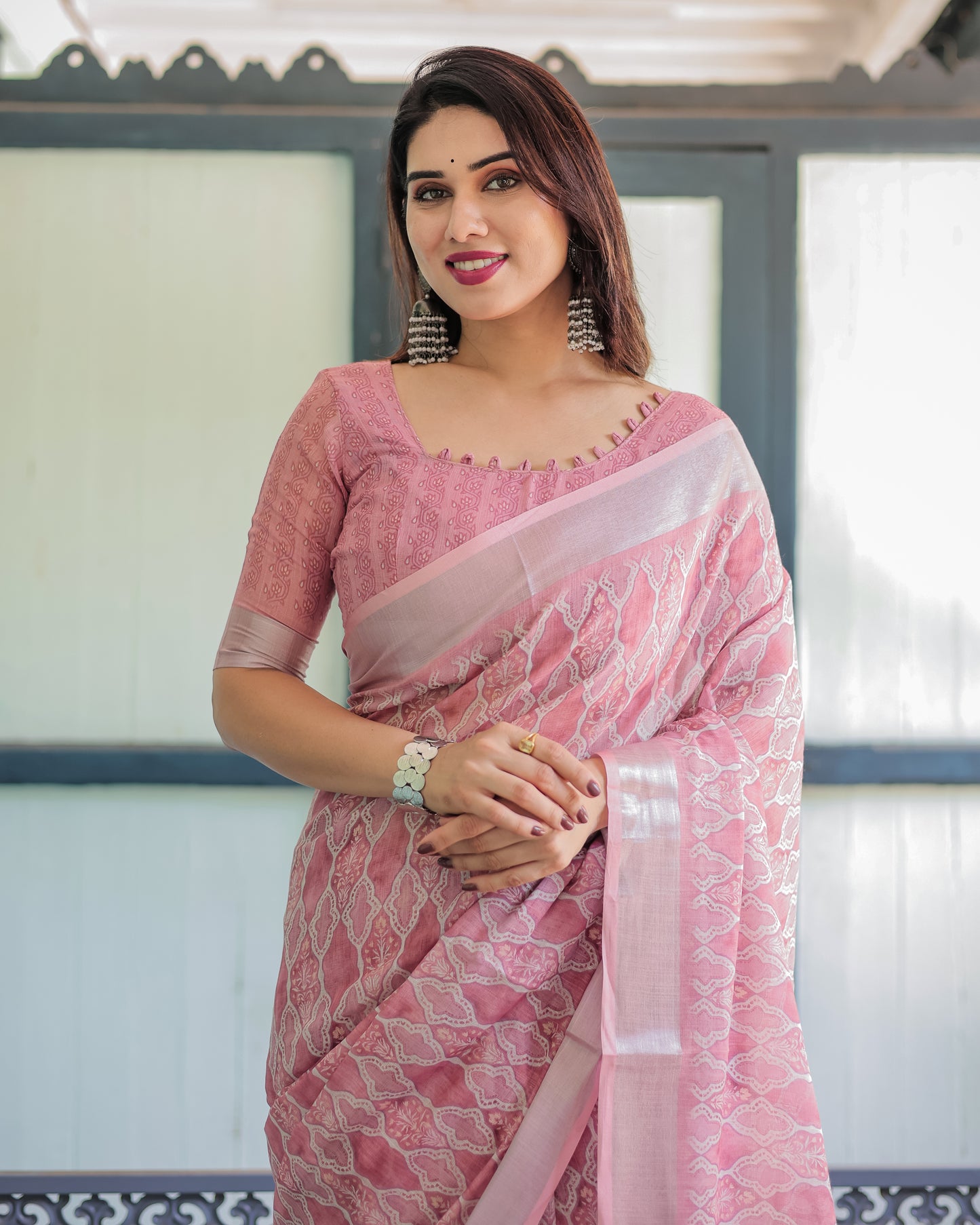 Pure Pink Linen Saree with Tassels