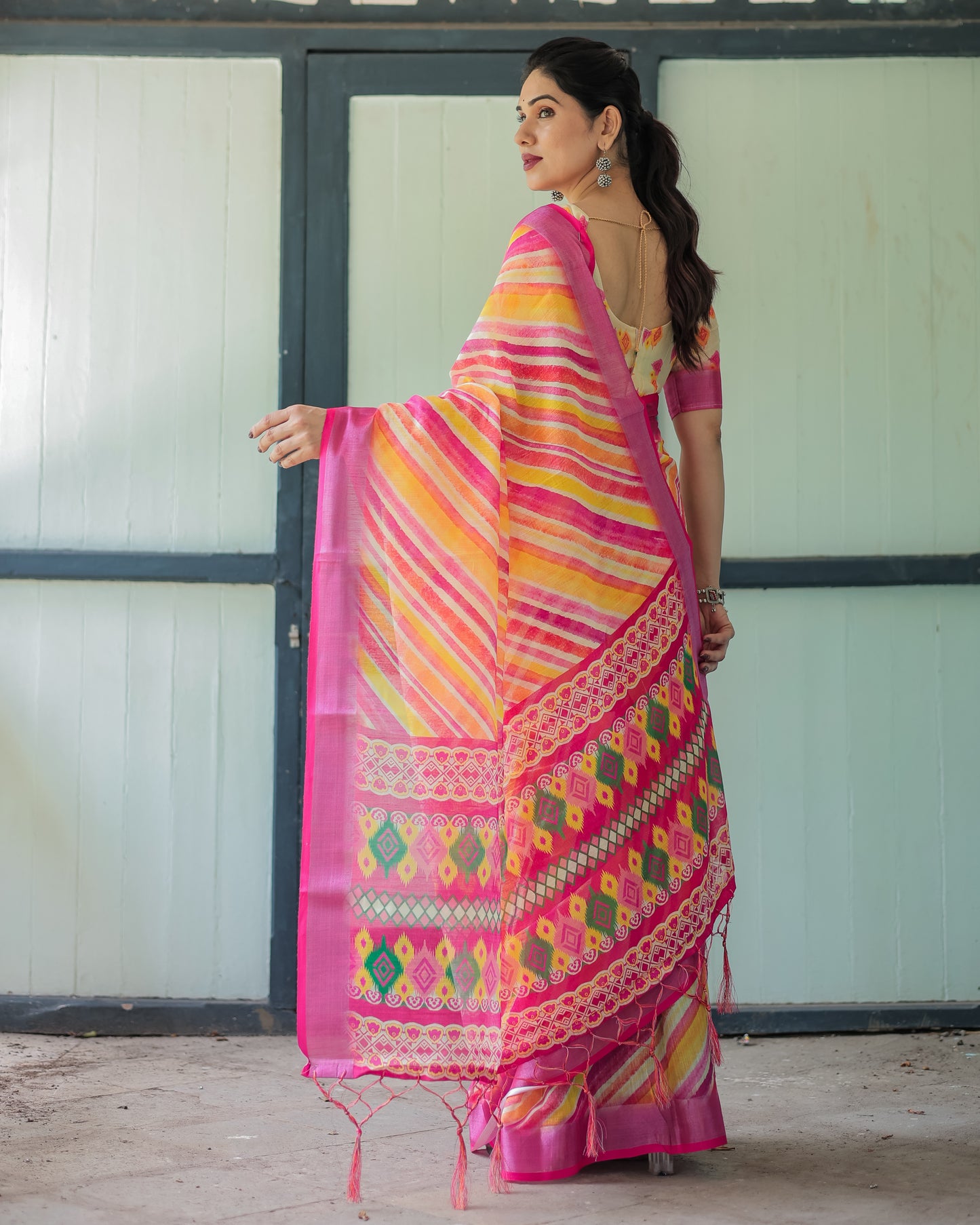 Bright Pink, Yellow & Orange With Artistic Hand-painted Linen Cotten Saree