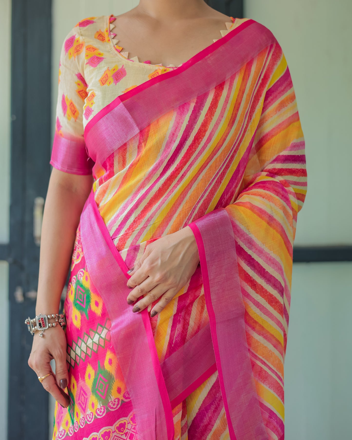 Bright Pink, Yellow & Orange With Artistic Hand-painted Linen Cotten Saree