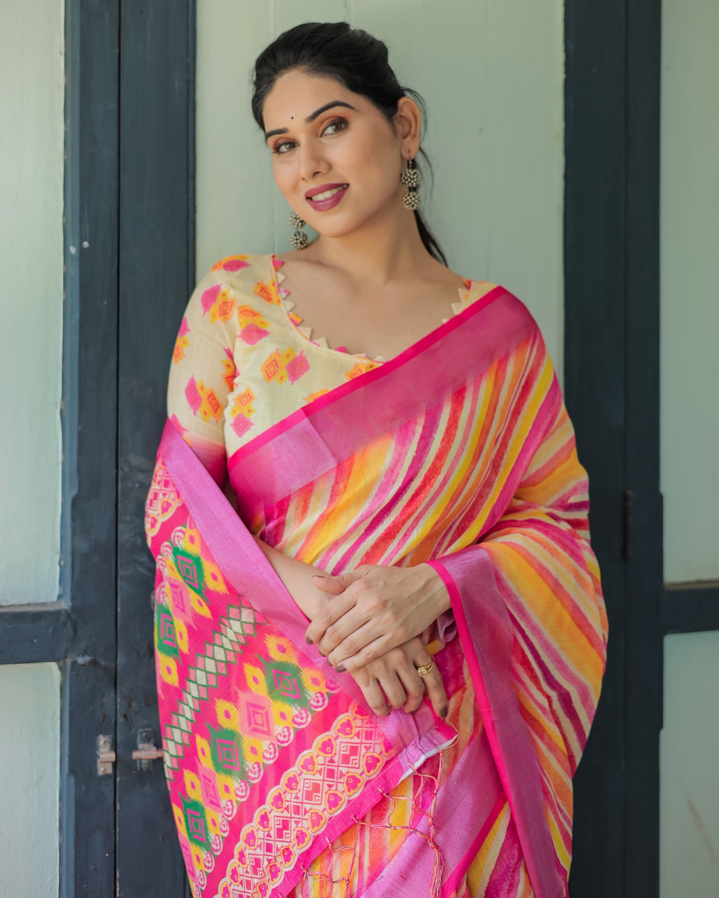 Bright Pink, Yellow & Orange With Artistic Hand-painted Linen Cotten Saree