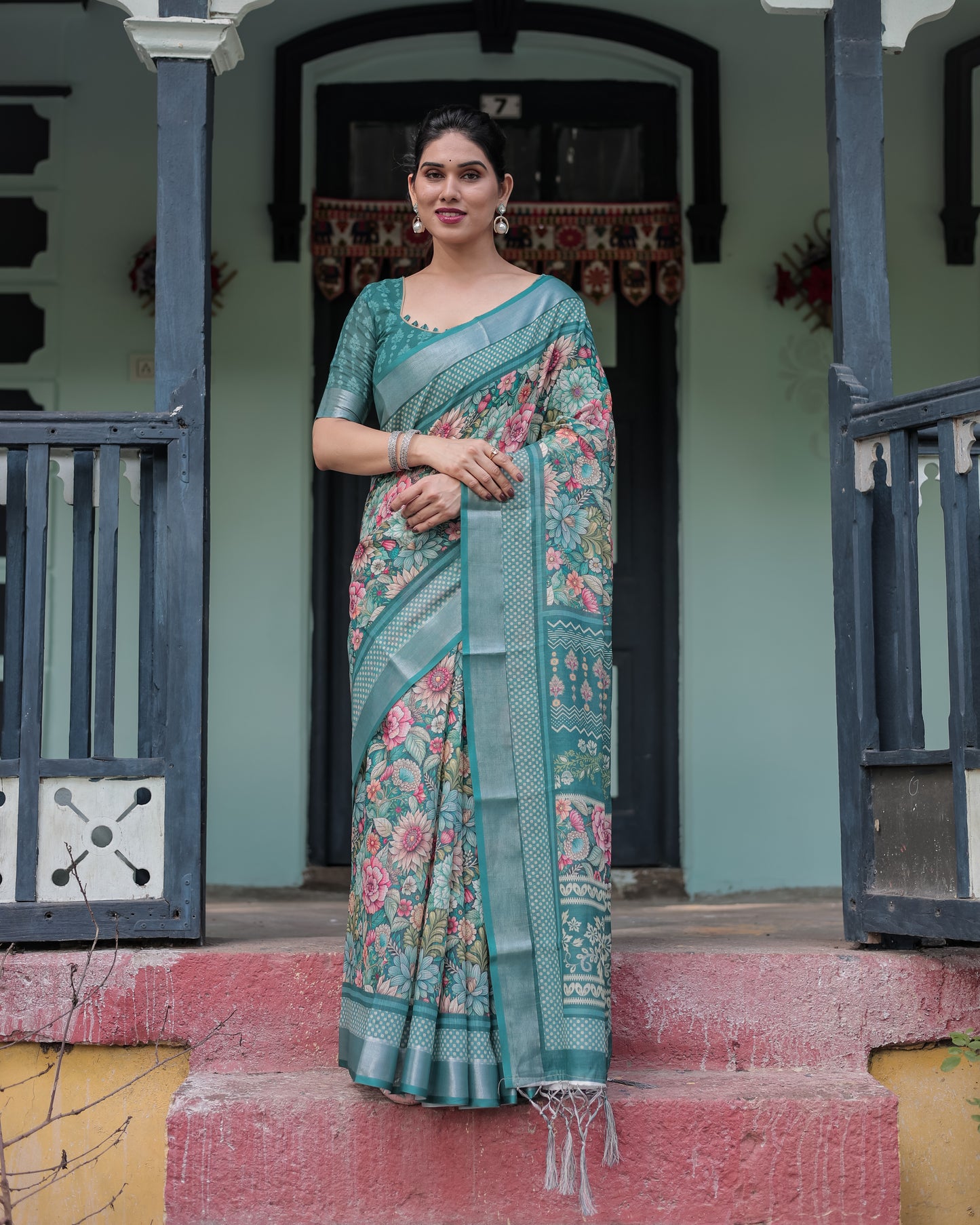 Stunning Teal Green Soft Linen With Vibrant Floral Prints Saree