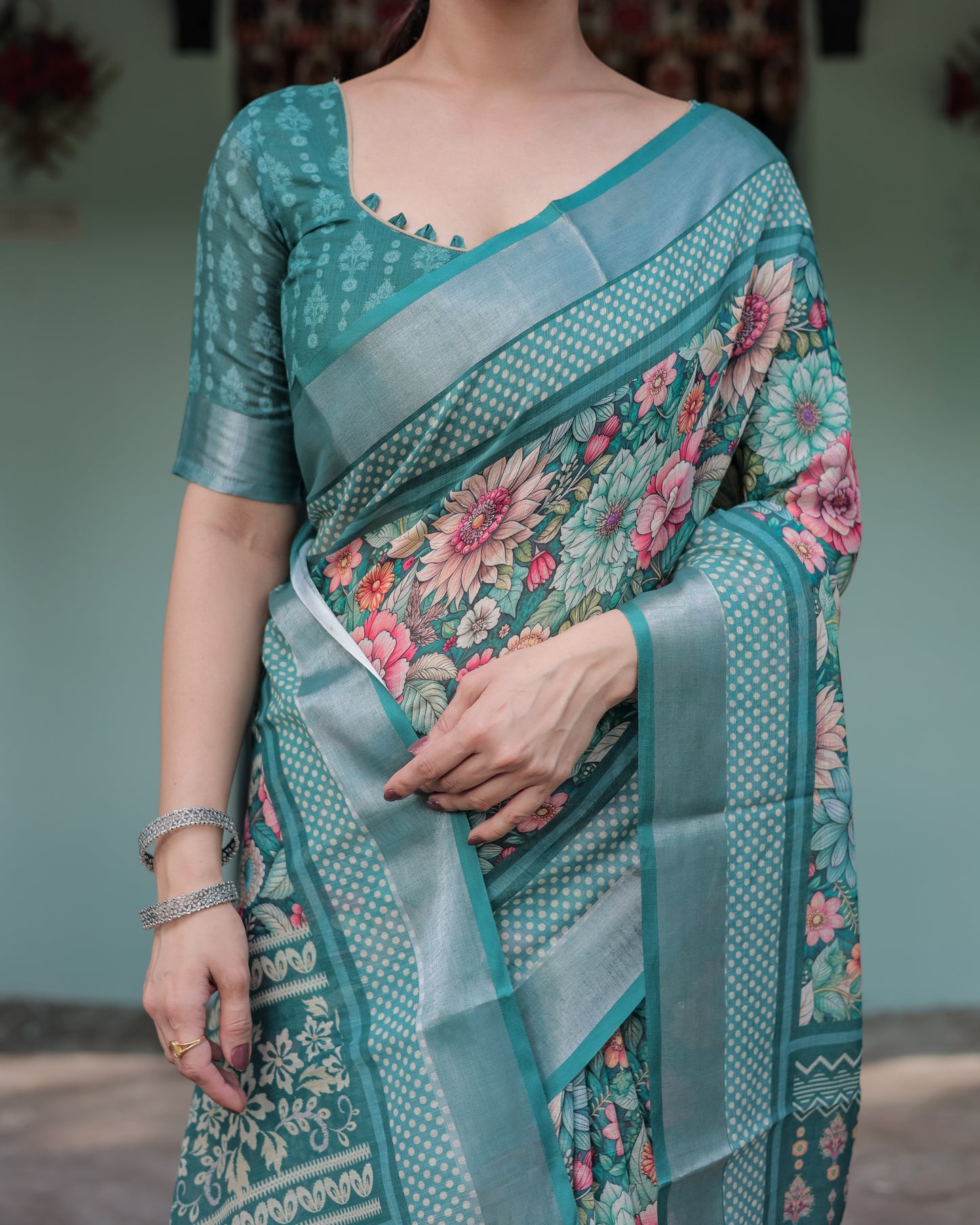Stunning Teal Green Soft Linen With Vibrant Floral Prints Saree