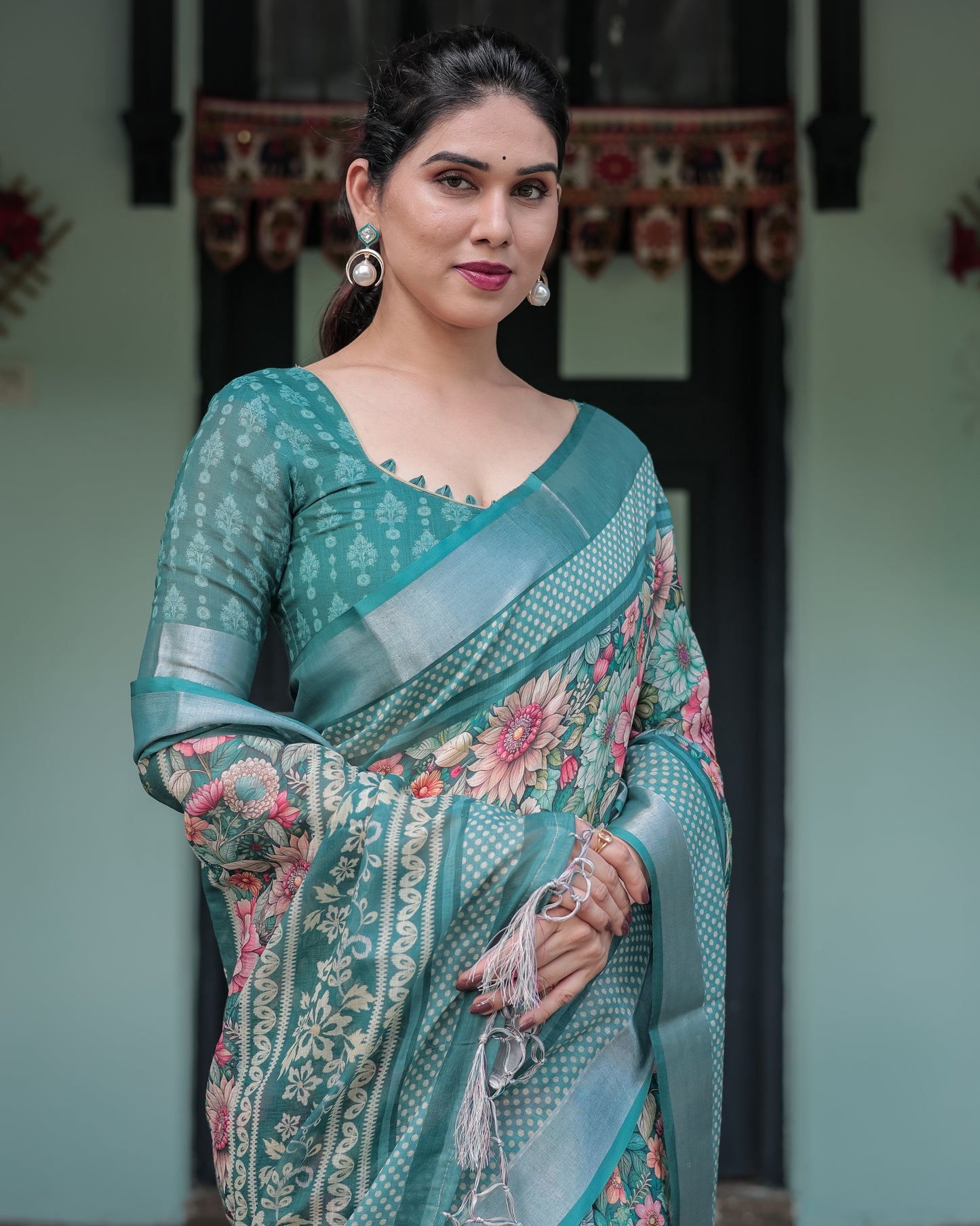 Stunning Teal Green Soft Linen With Vibrant Floral Prints Saree