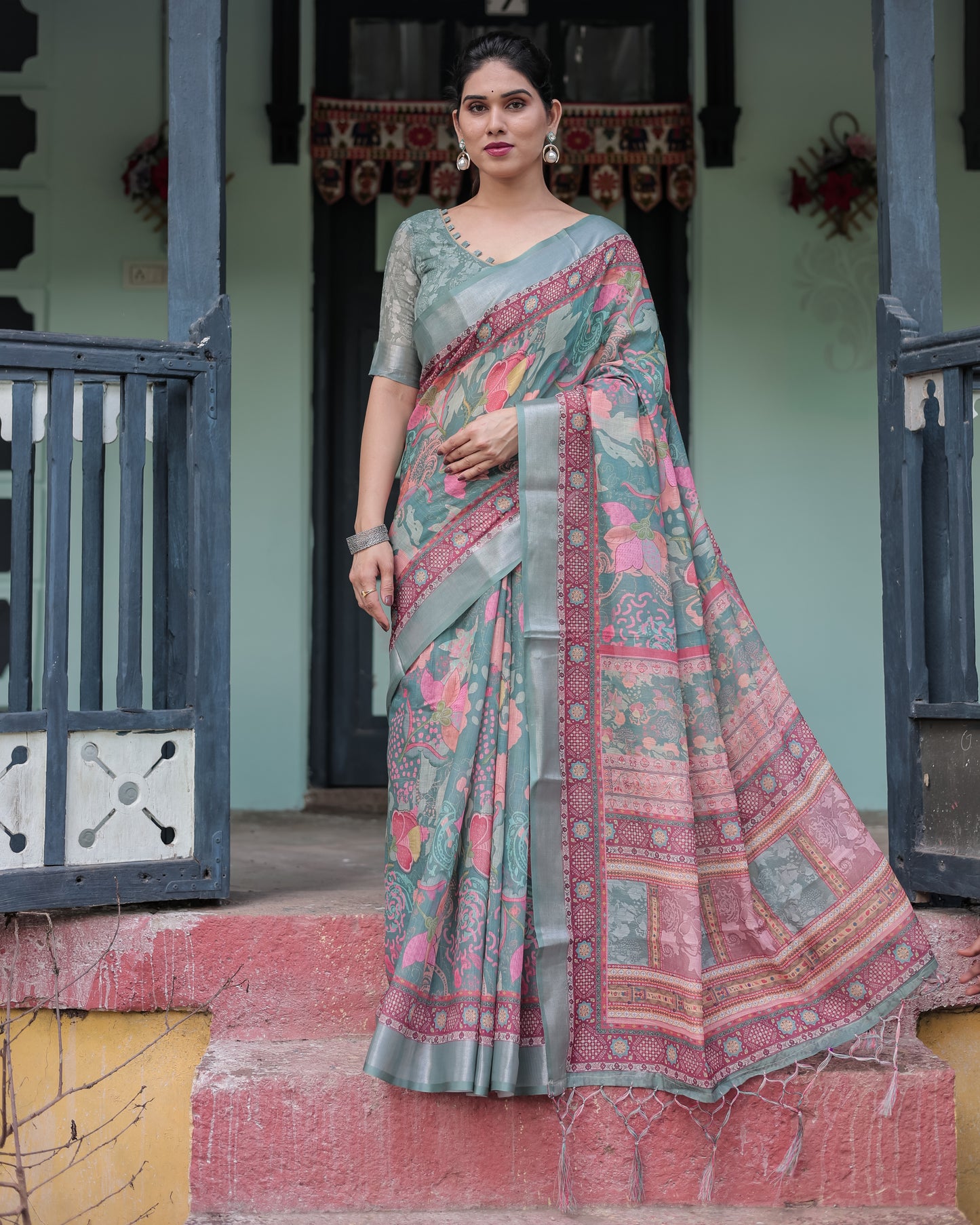 Teal Green Soft Linen With Vibrant Floral & Paisley Print