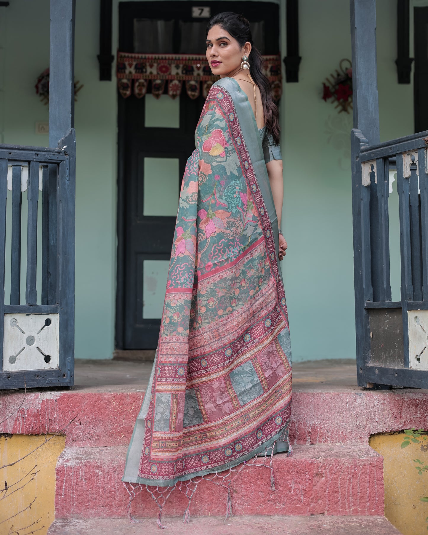 Teal Green Soft Linen With Vibrant Floral & Paisley Print