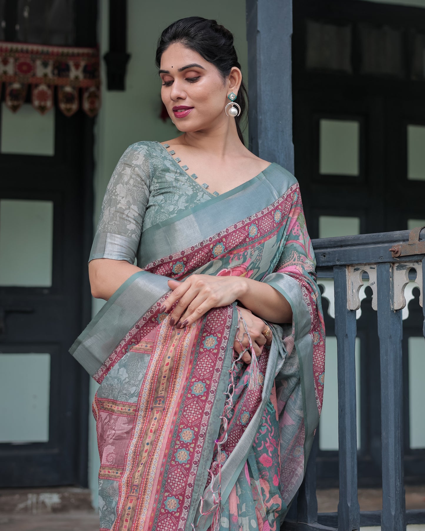 Teal Green Soft Linen With Vibrant Floral & Paisley Print